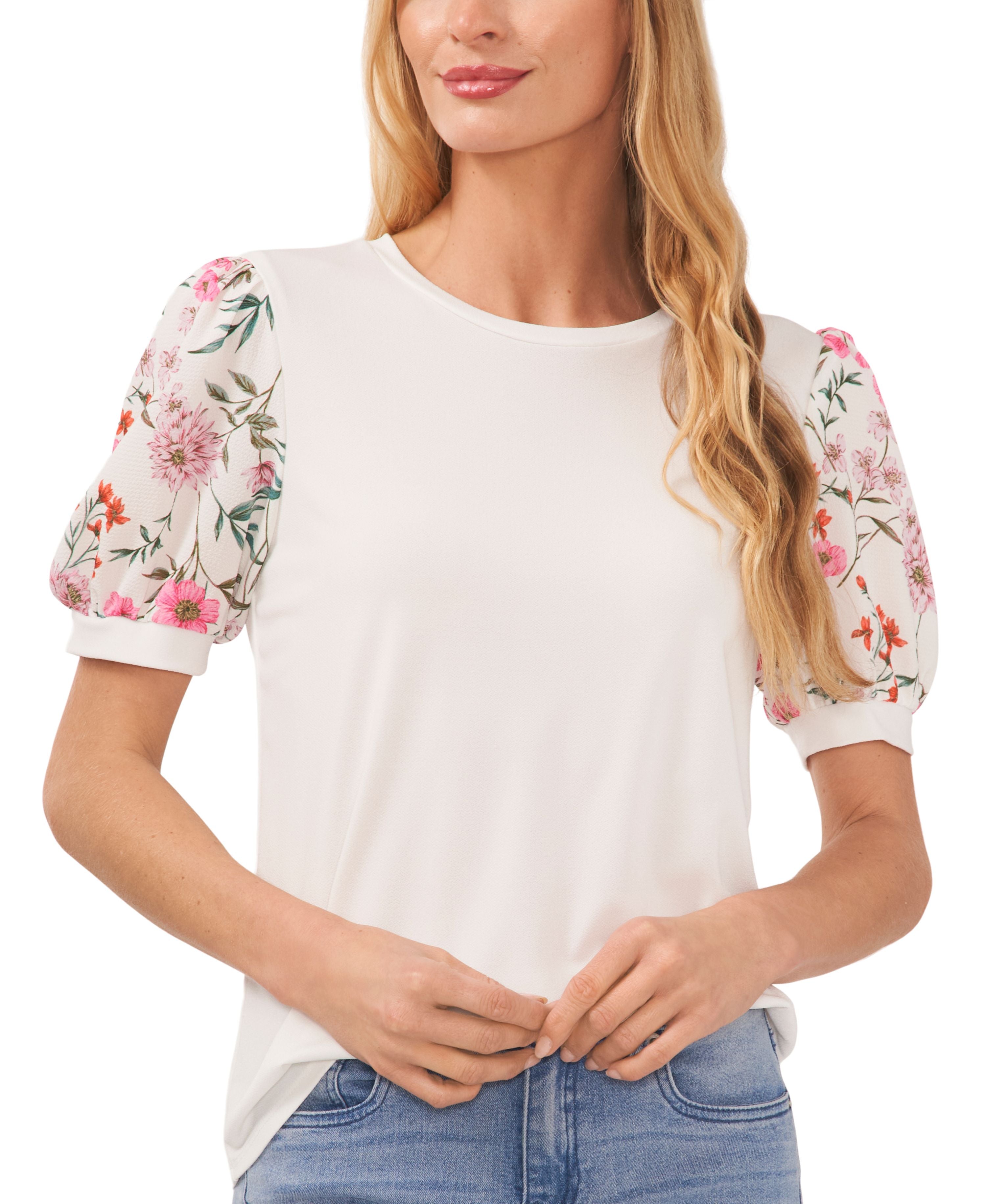 Women's Floral Mixed Media Short Puff Sleeve Knit Top