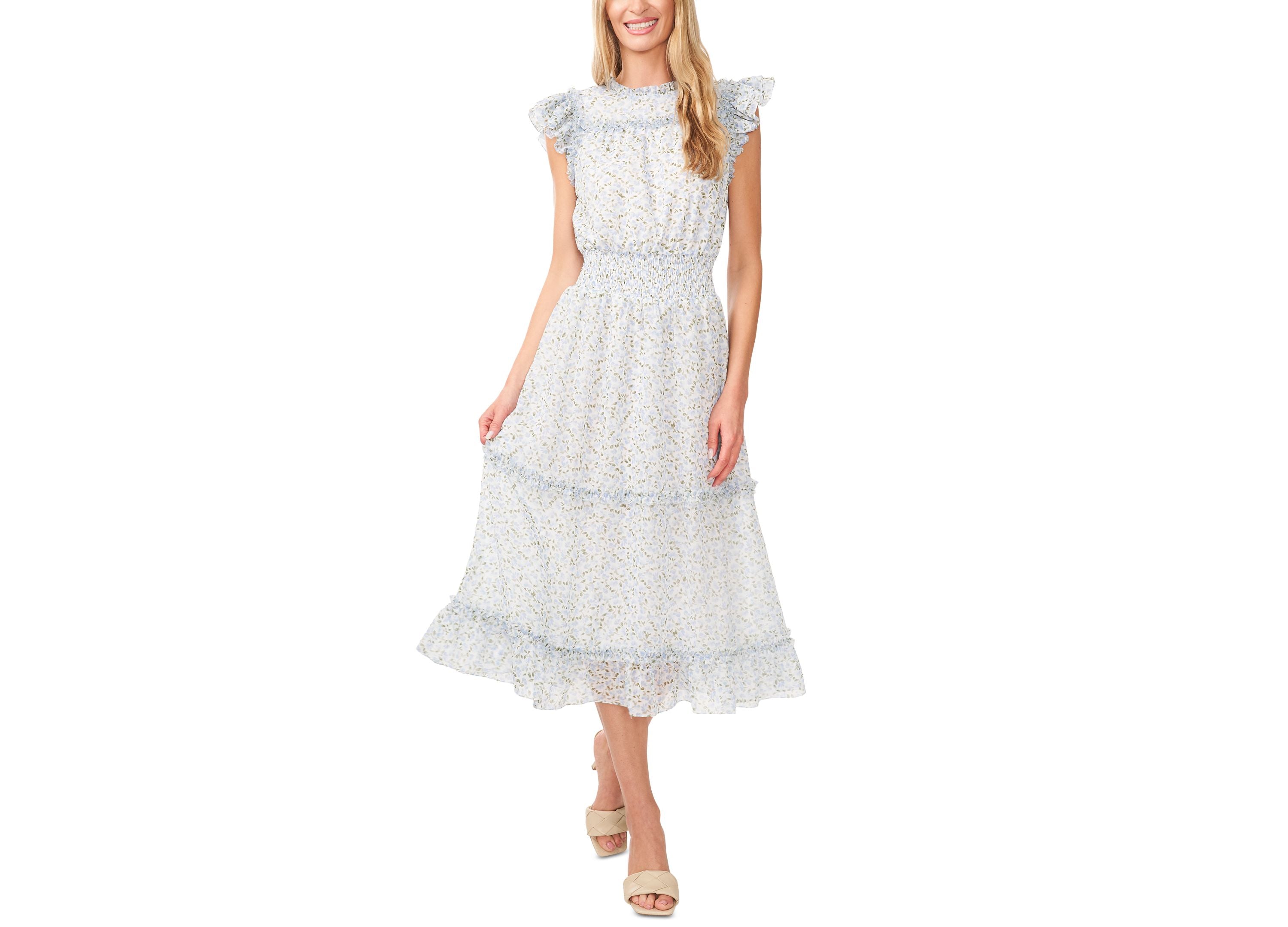 Women's Flutter-Sleeve Smocked-Waist Midi Dress