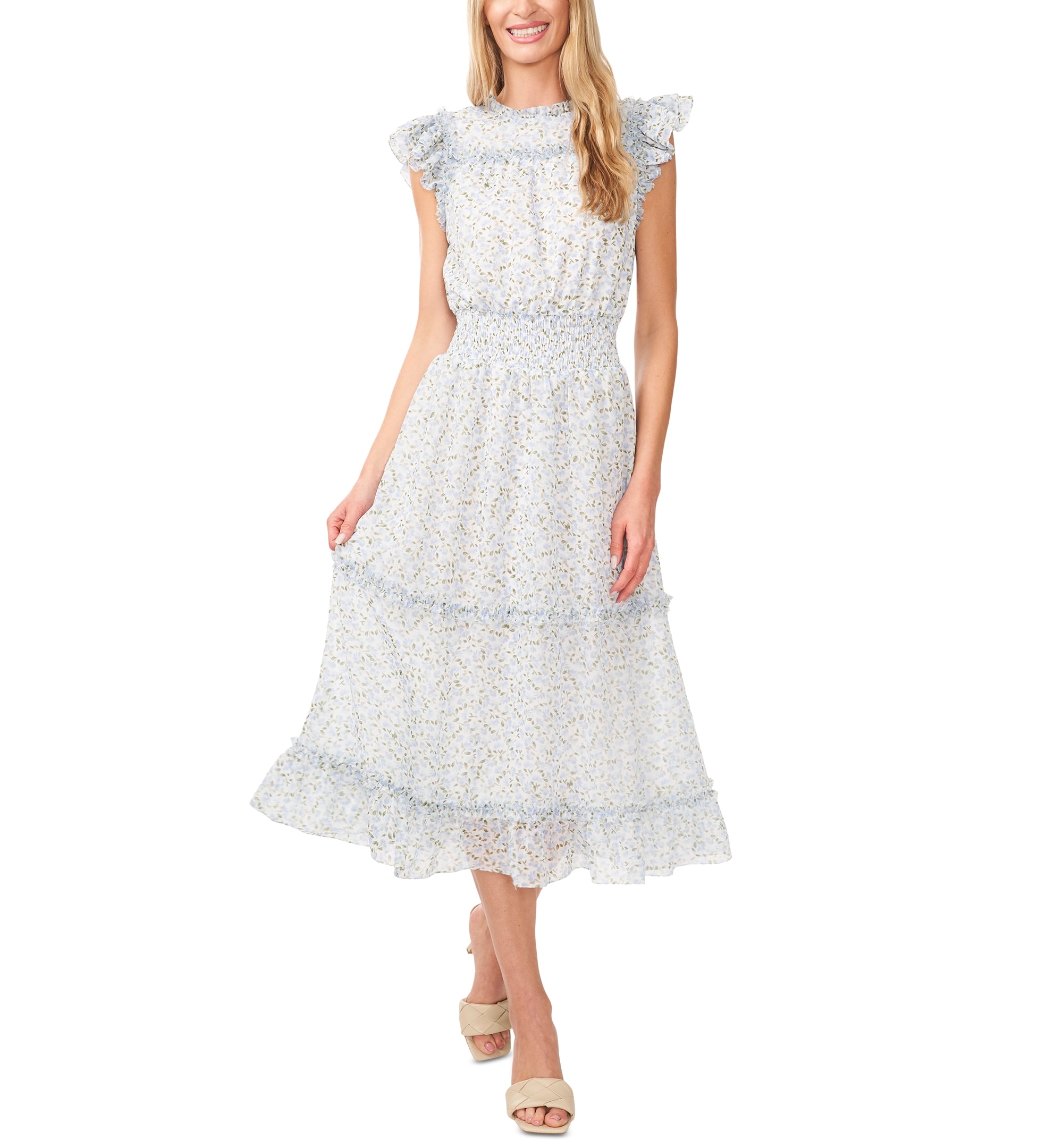 Women's Flutter-Sleeve Smocked-Waist Midi Dress