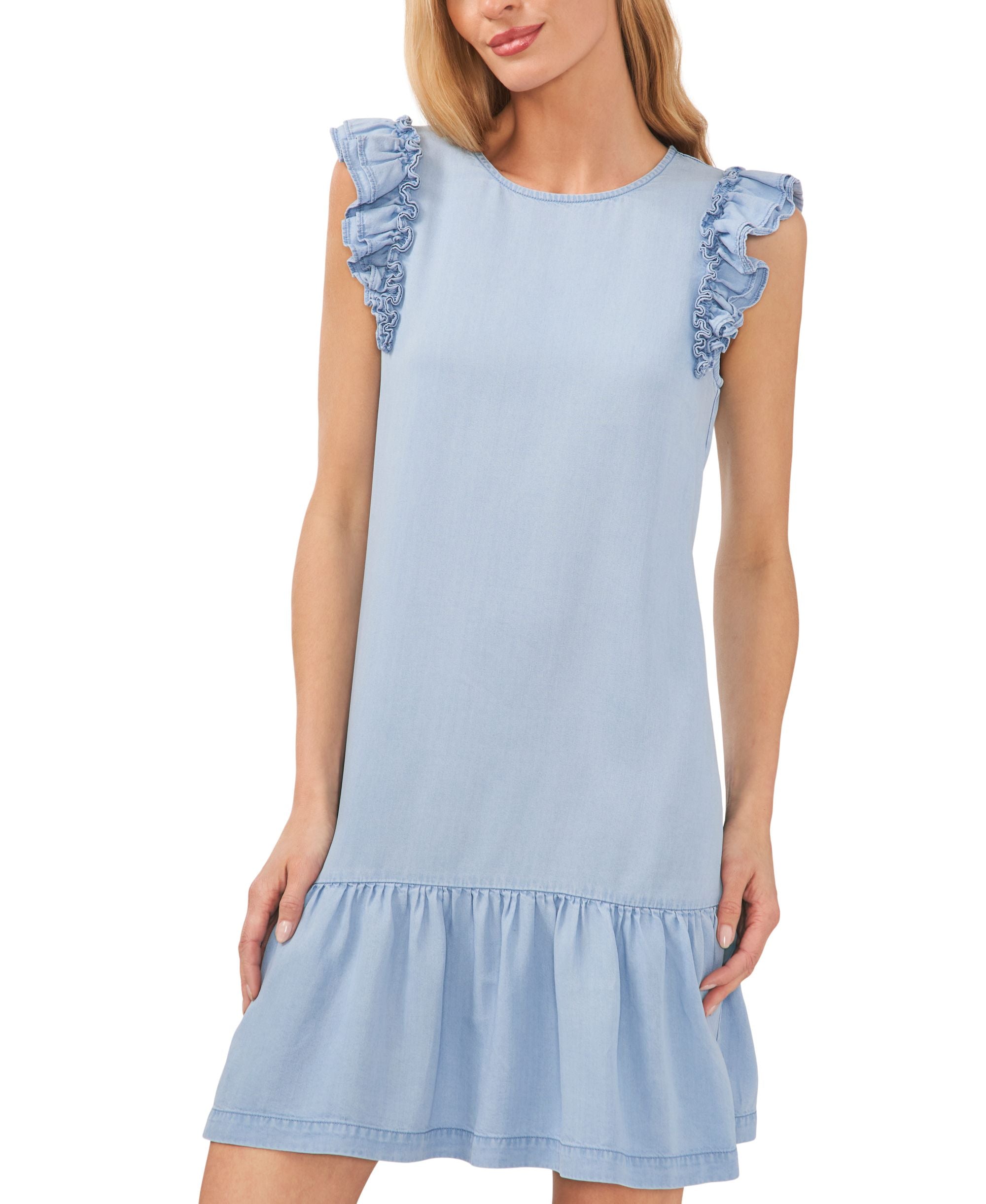 Women's Ruffled-Sleeve Flounce-Hem Crewneck Dress