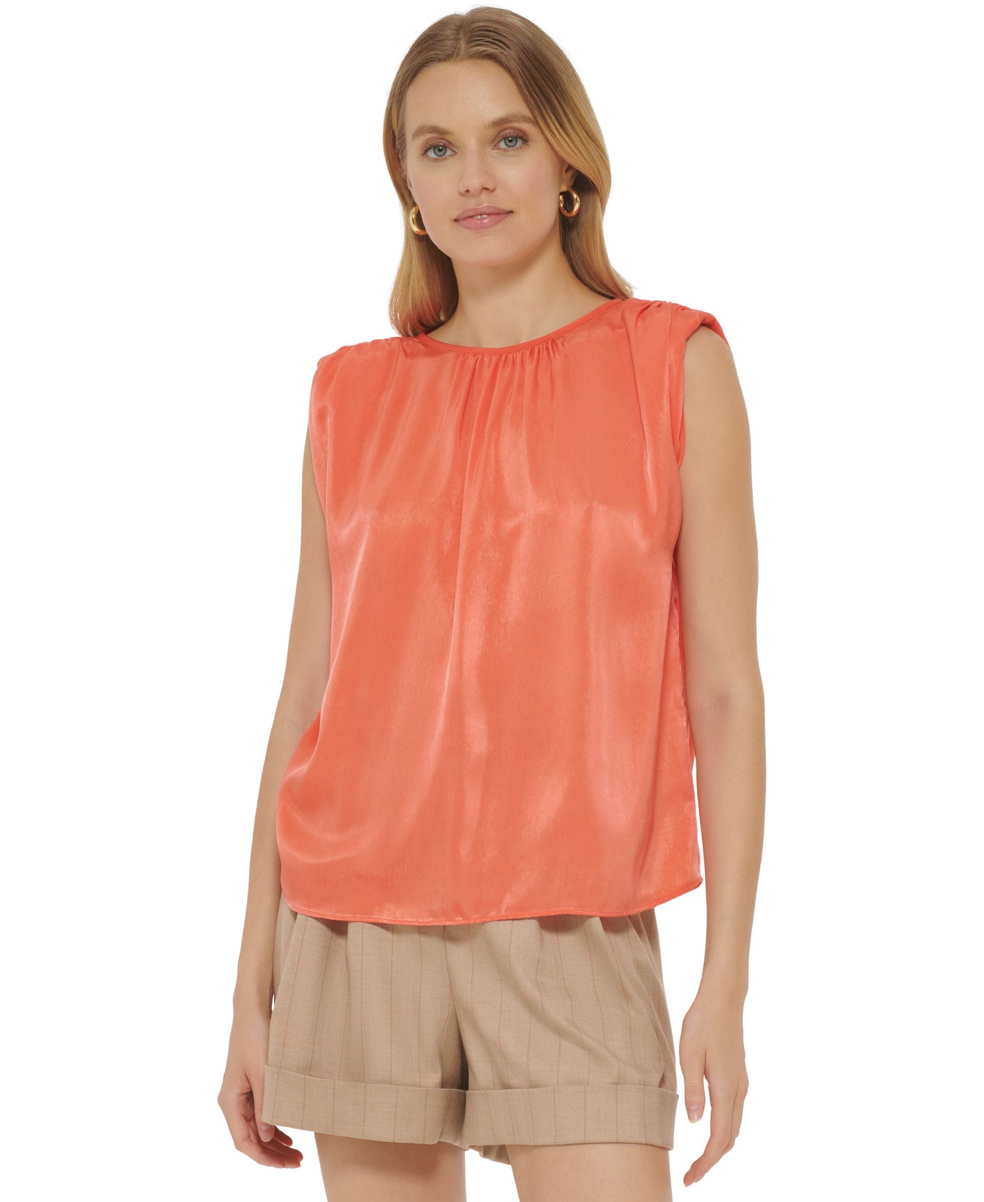 Women's Solid Satin Crewneck Shoulder-Pad Top