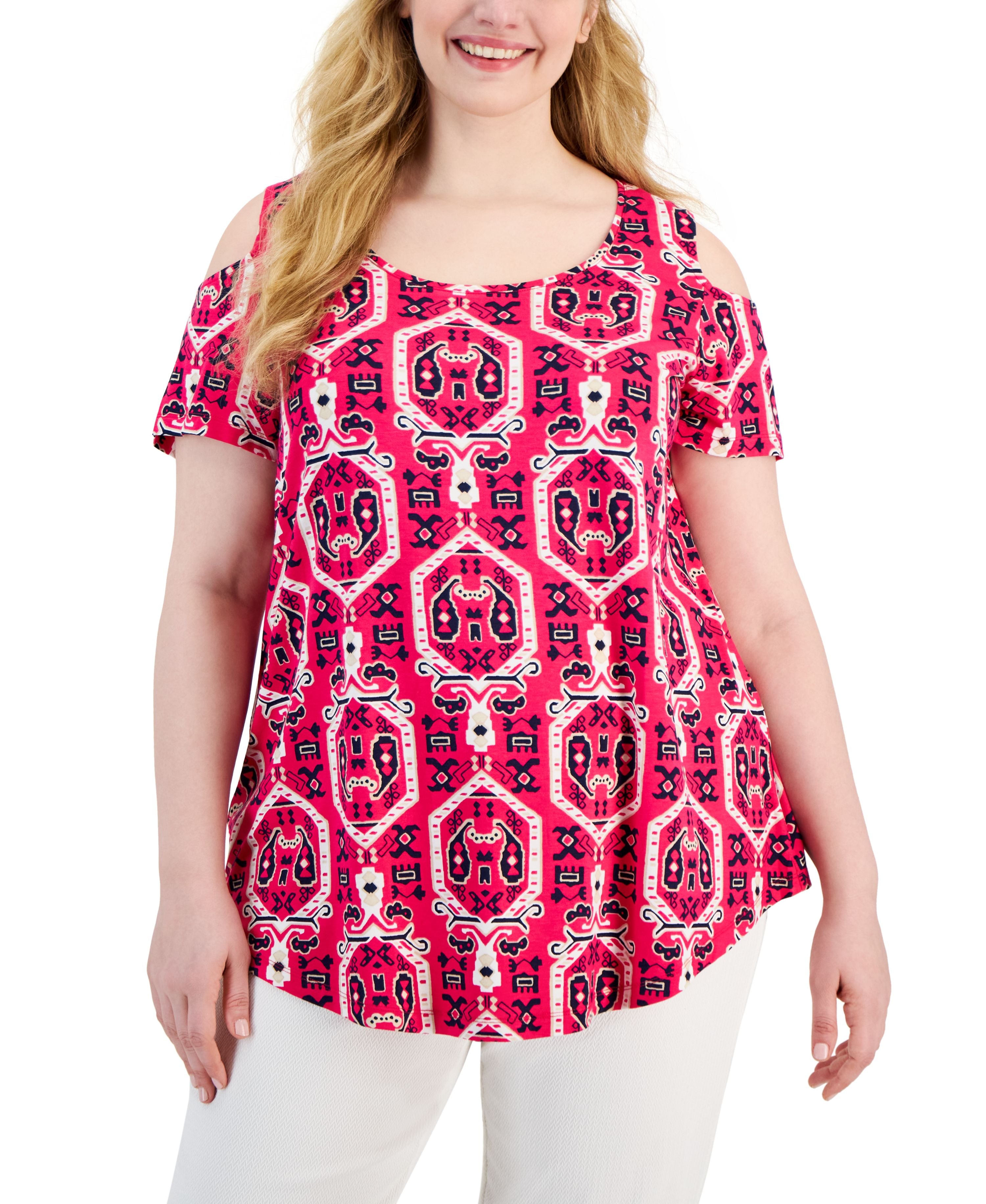 Plus Size Stripe Boho Cold-Shoulder Top