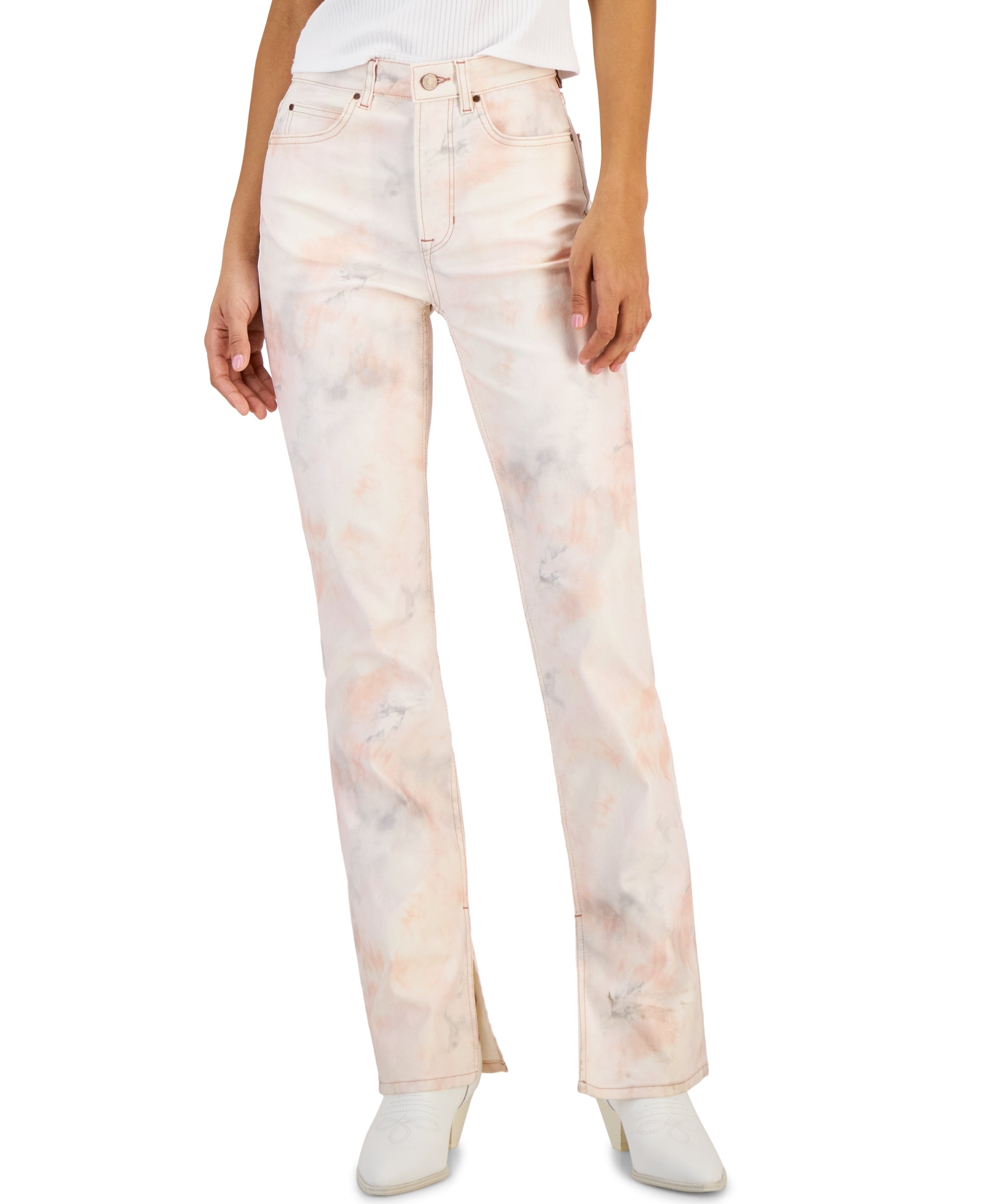 GUESS Women's Pauline Tie Dye Split Hem Straight Leg Jeans Glitzy Cloud 25/32