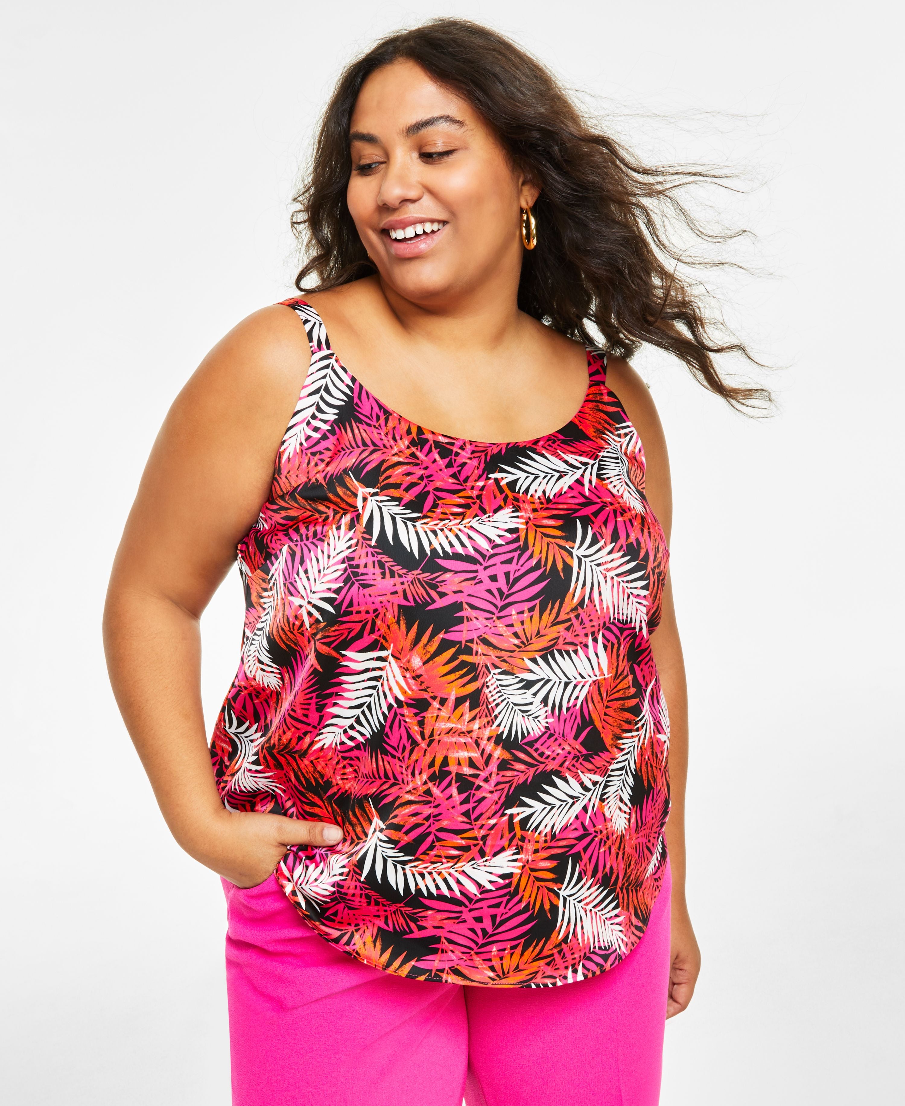 Plus Size Textured Crepe Faux-Double-Breasted Blazer, Leaf-Print Scoop-Neck Cami Top & Wide-Leg Pants