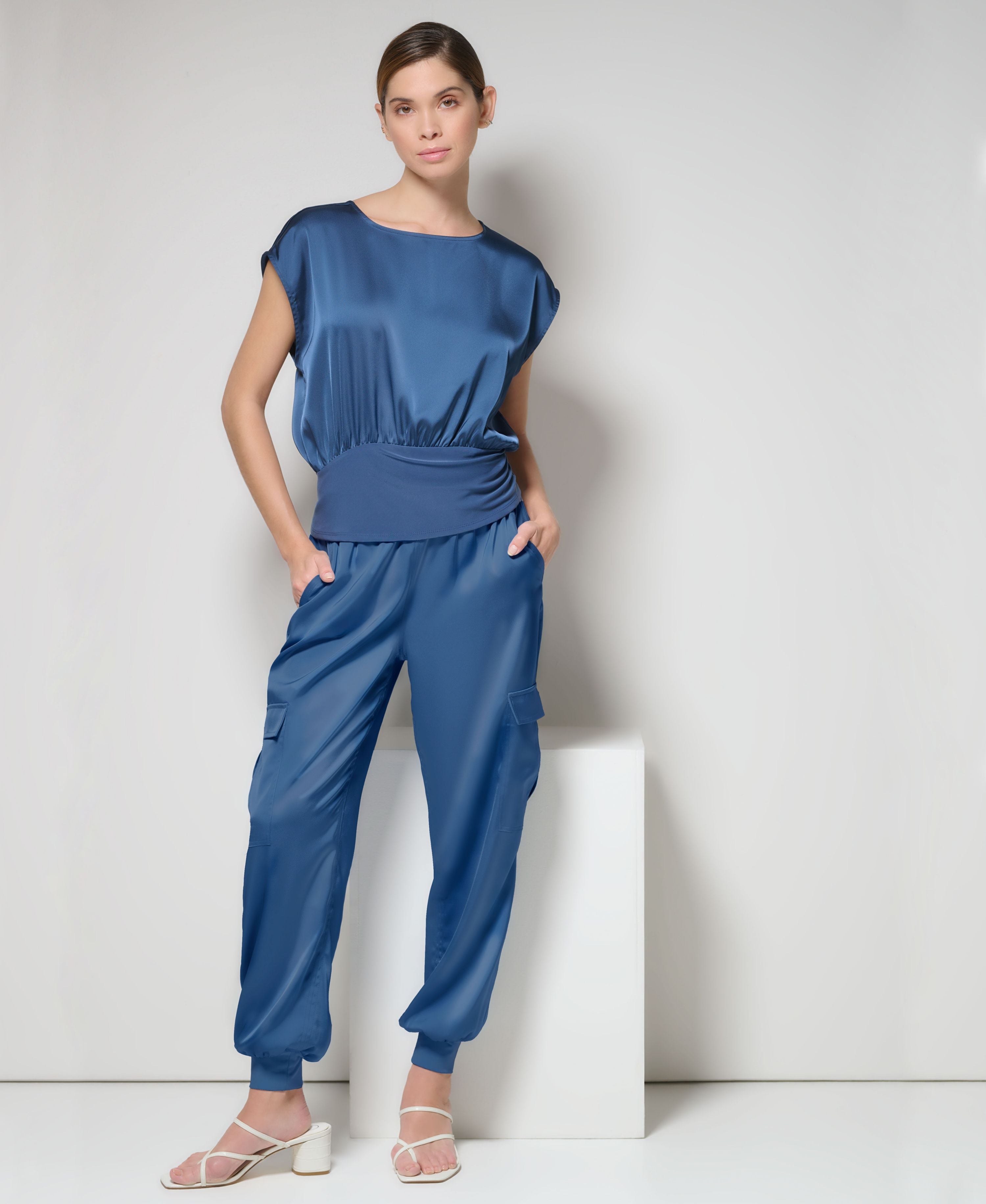Women's Satin Knit Hem Cap Sleeve Top