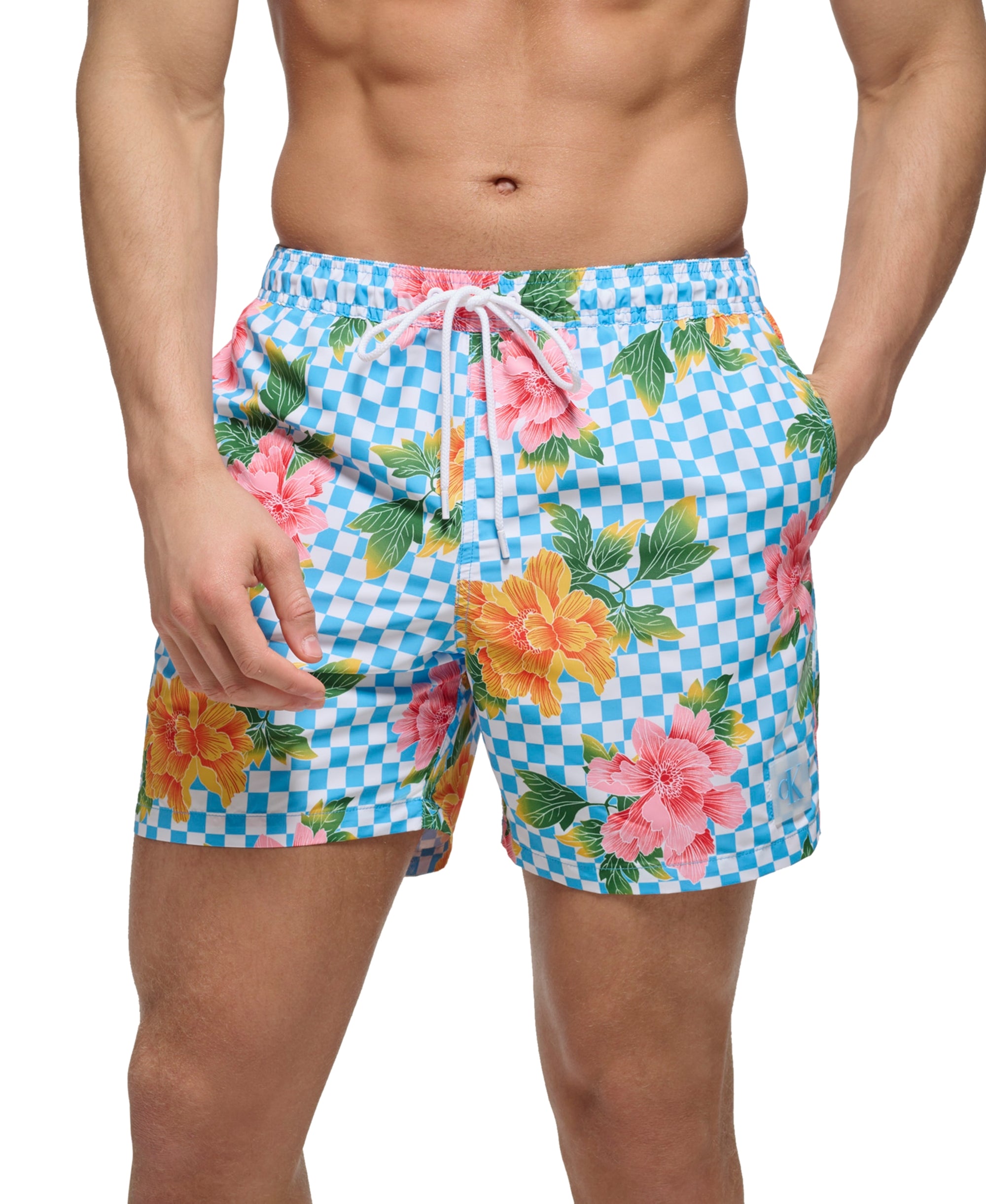 Men's 5" Checkered Flowers Swim Trunks