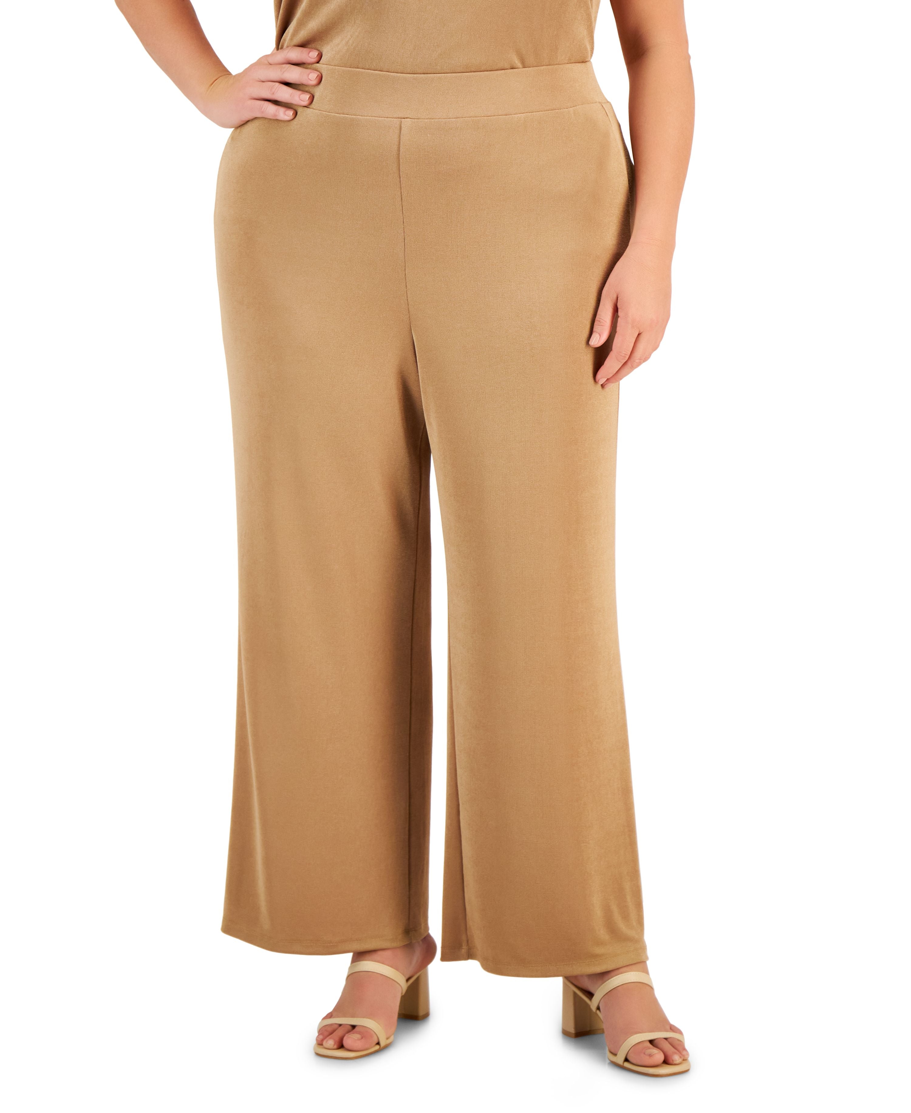 Plus Size Pull-On Wide-Leg Knit Ankle Pants