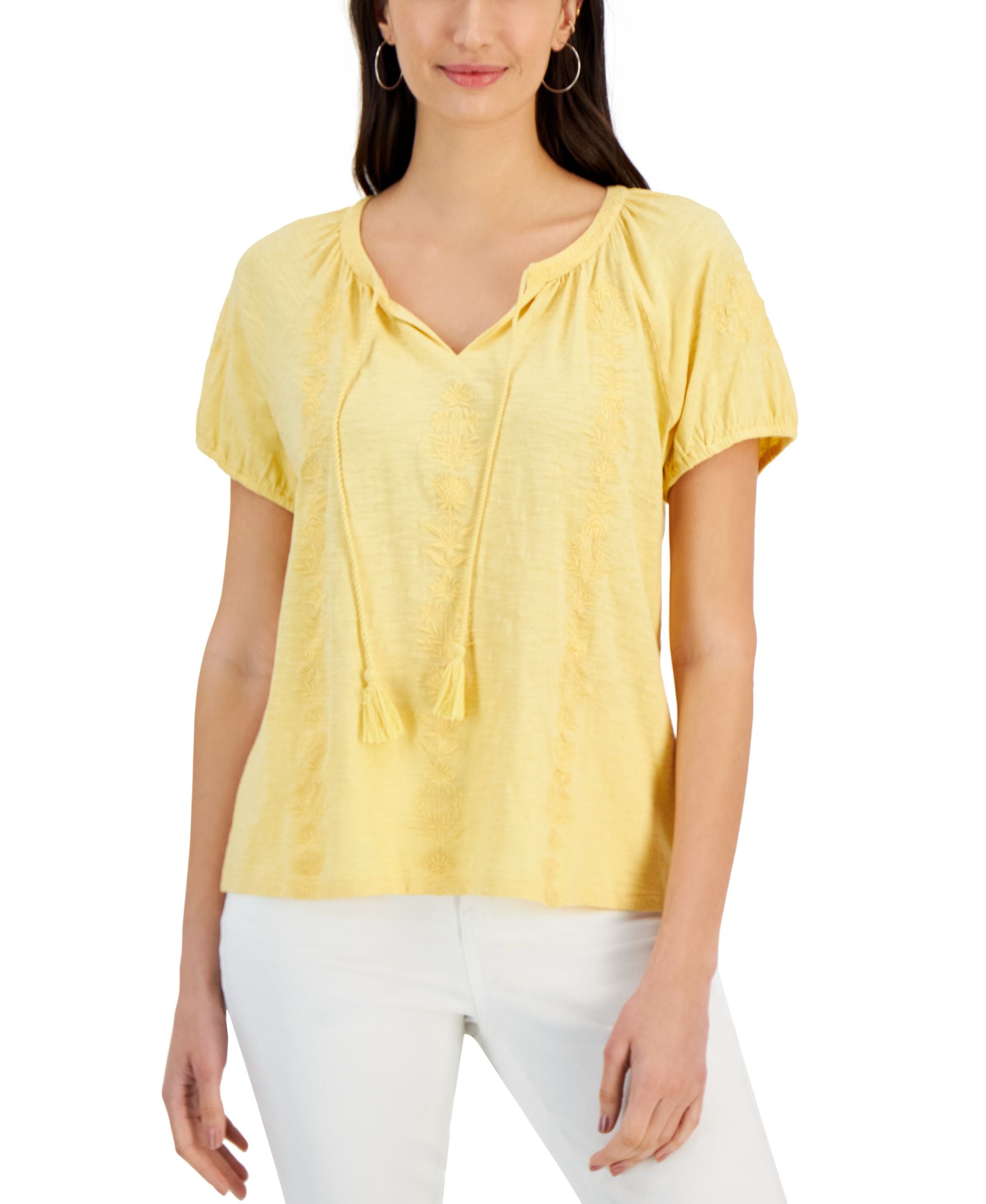 Petite Embroidered Short Sleeve Vacay Top