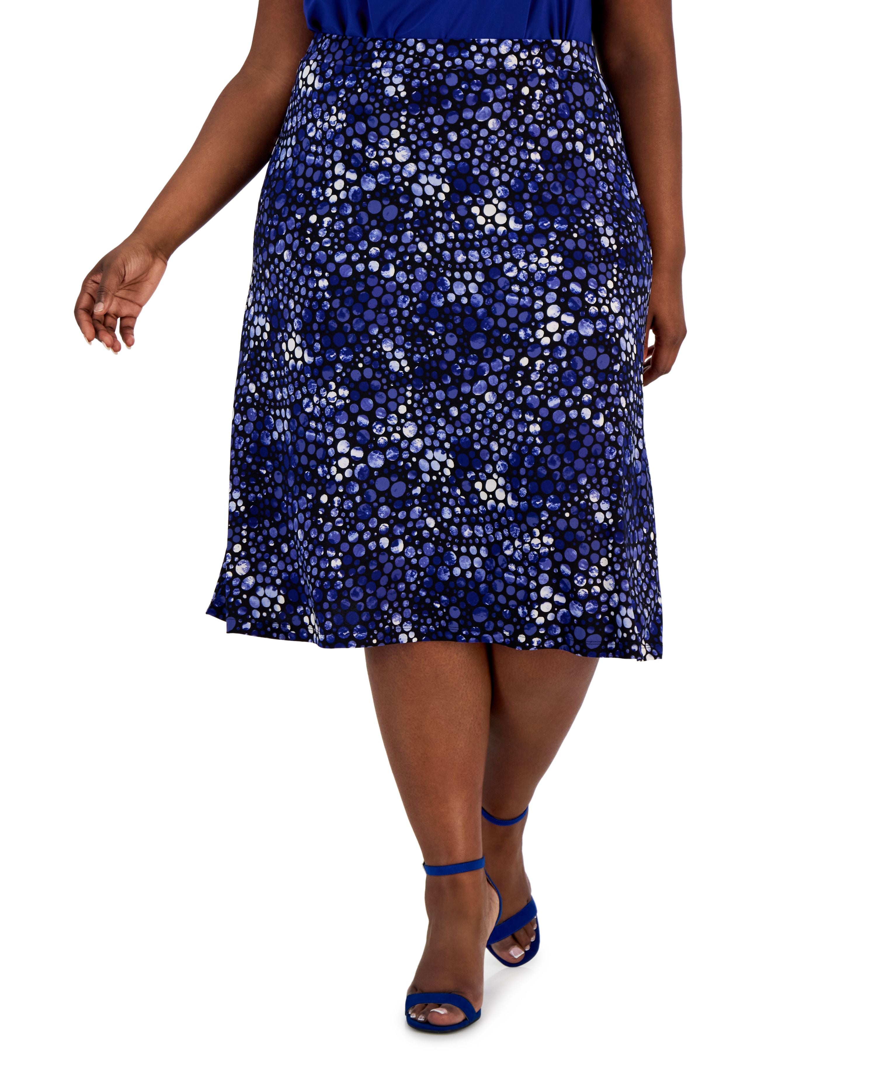 Plus Size Pull-On Dot-Print Midi Skirt