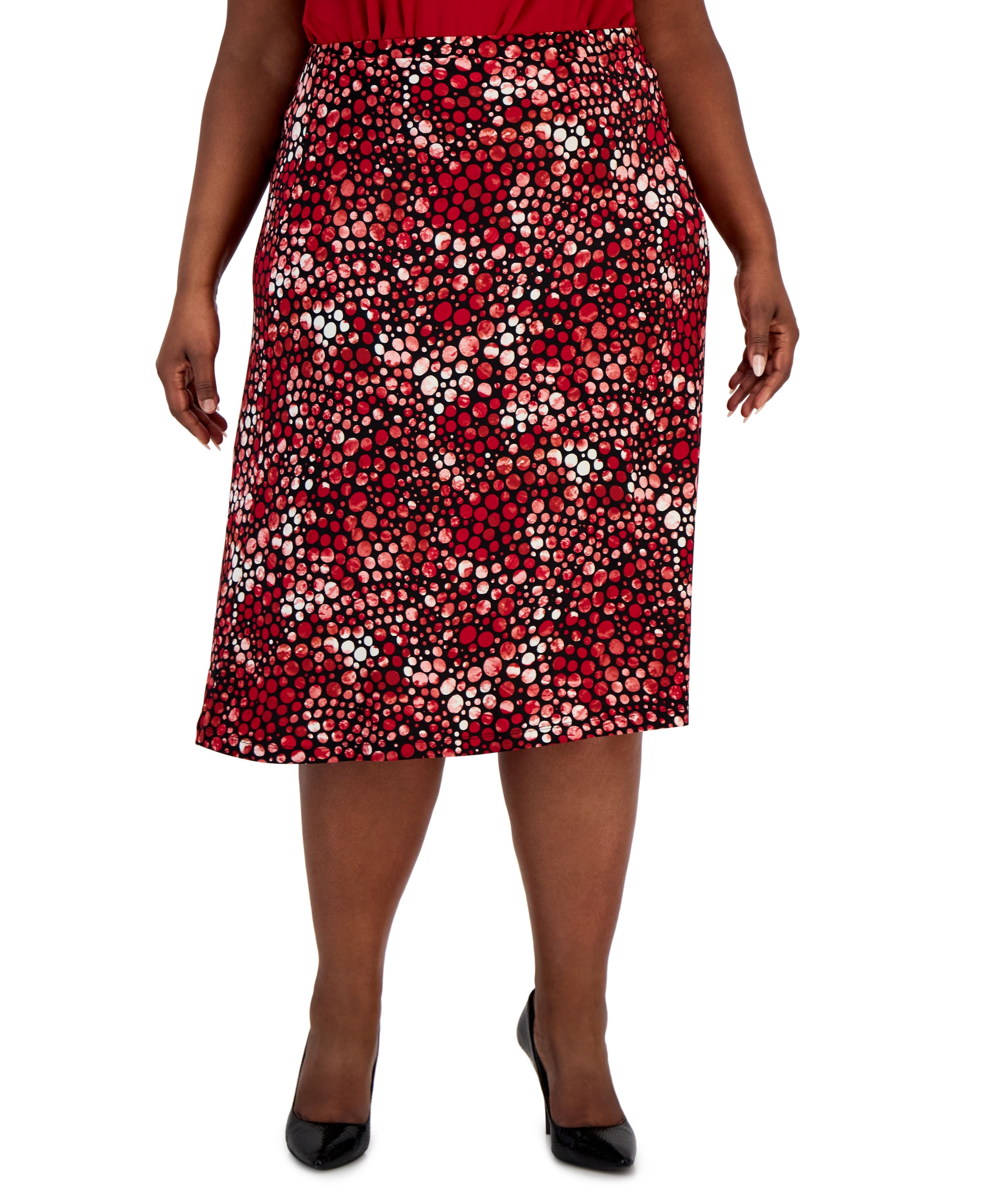 Plus Size Pull-On Dot-Print Midi Skirt