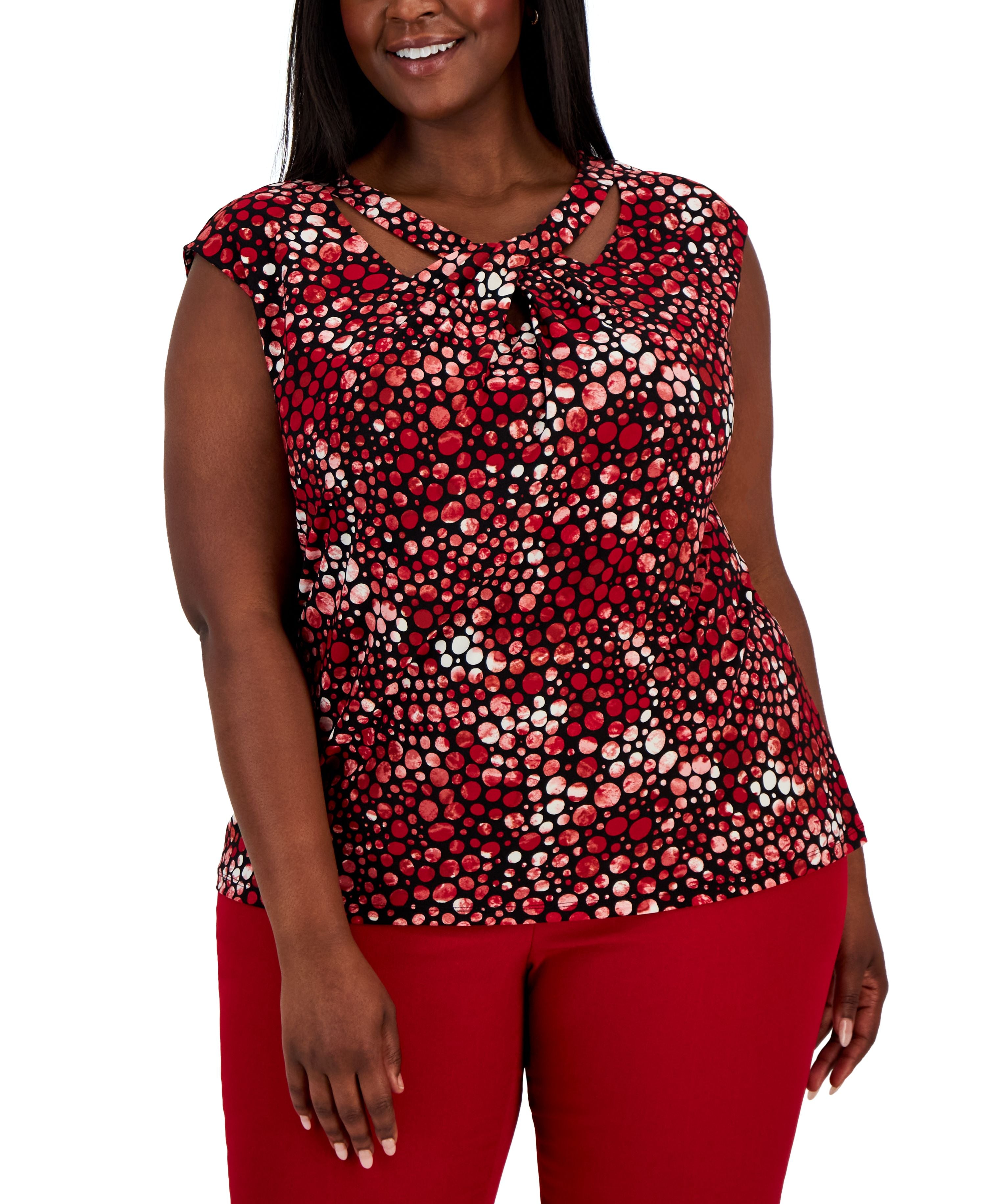 Plus Size Printed Stretch Knit Sleeveless Twist-Neck Top