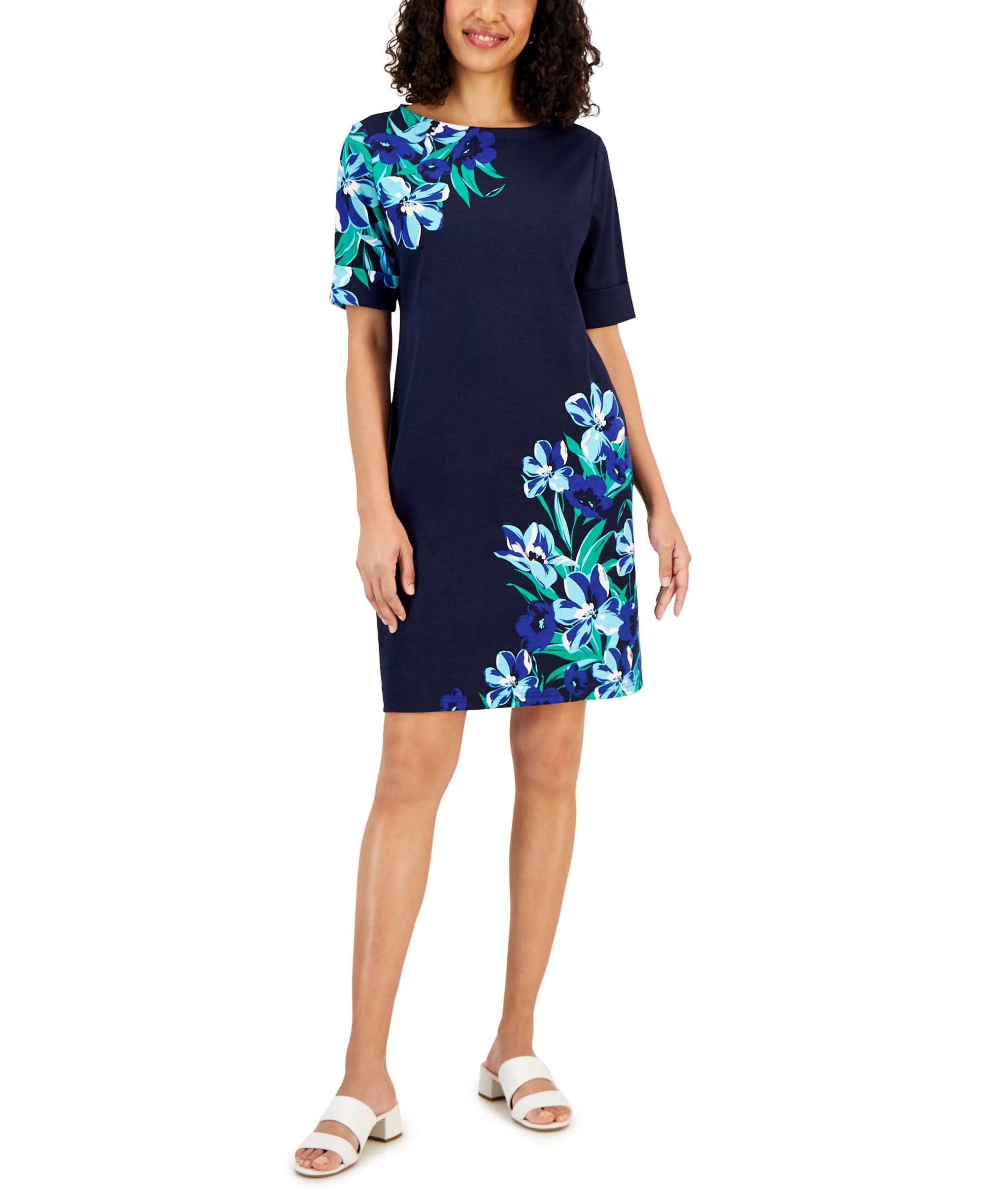 Women's Floral-Print Elbow-Sleeve Dress Intrepid Blue S