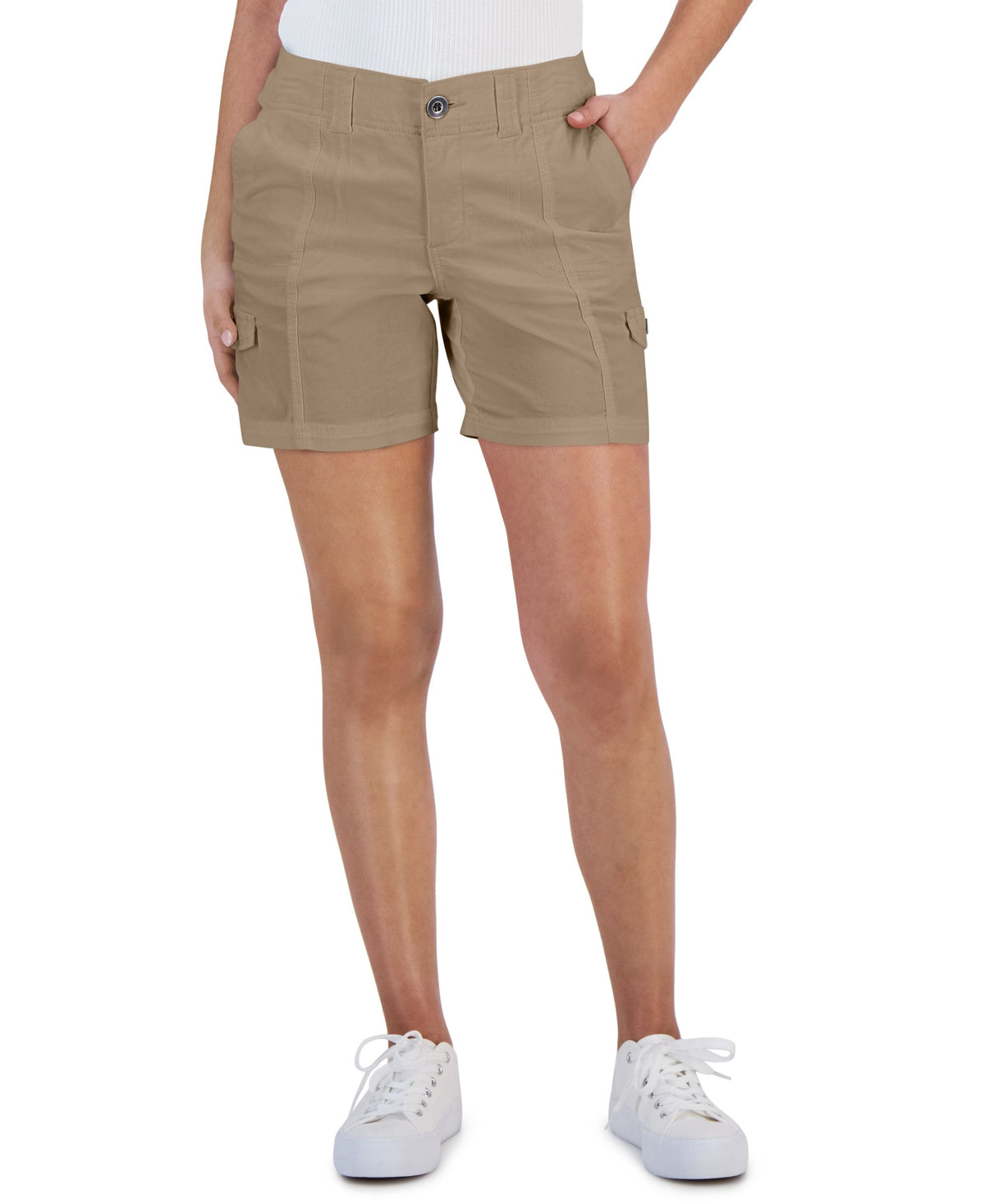 Petite Mid Rise Zig Zag Stitch Cargo Shorts