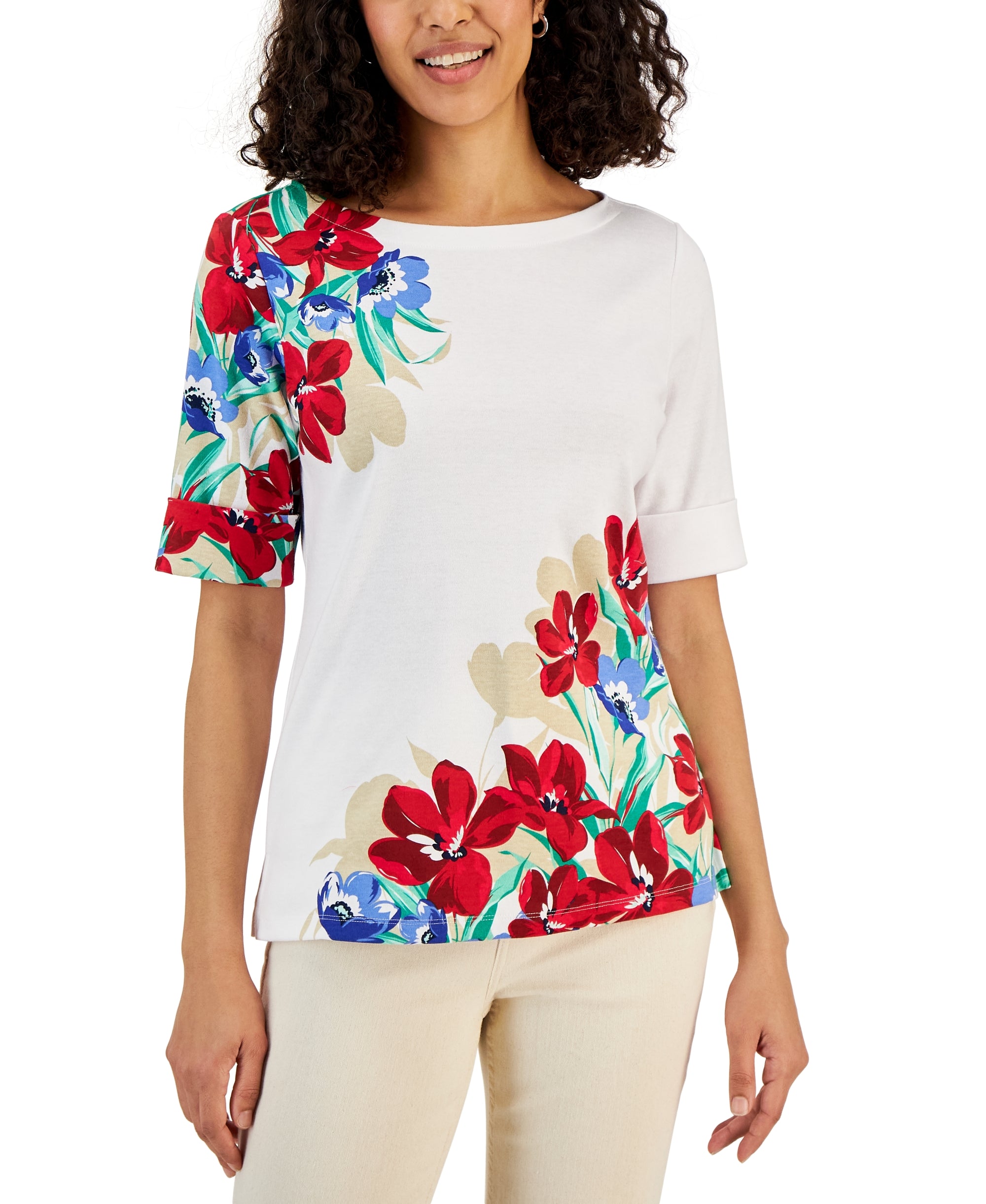 Women's Placed Floral Print Elbow-Sleeve Top