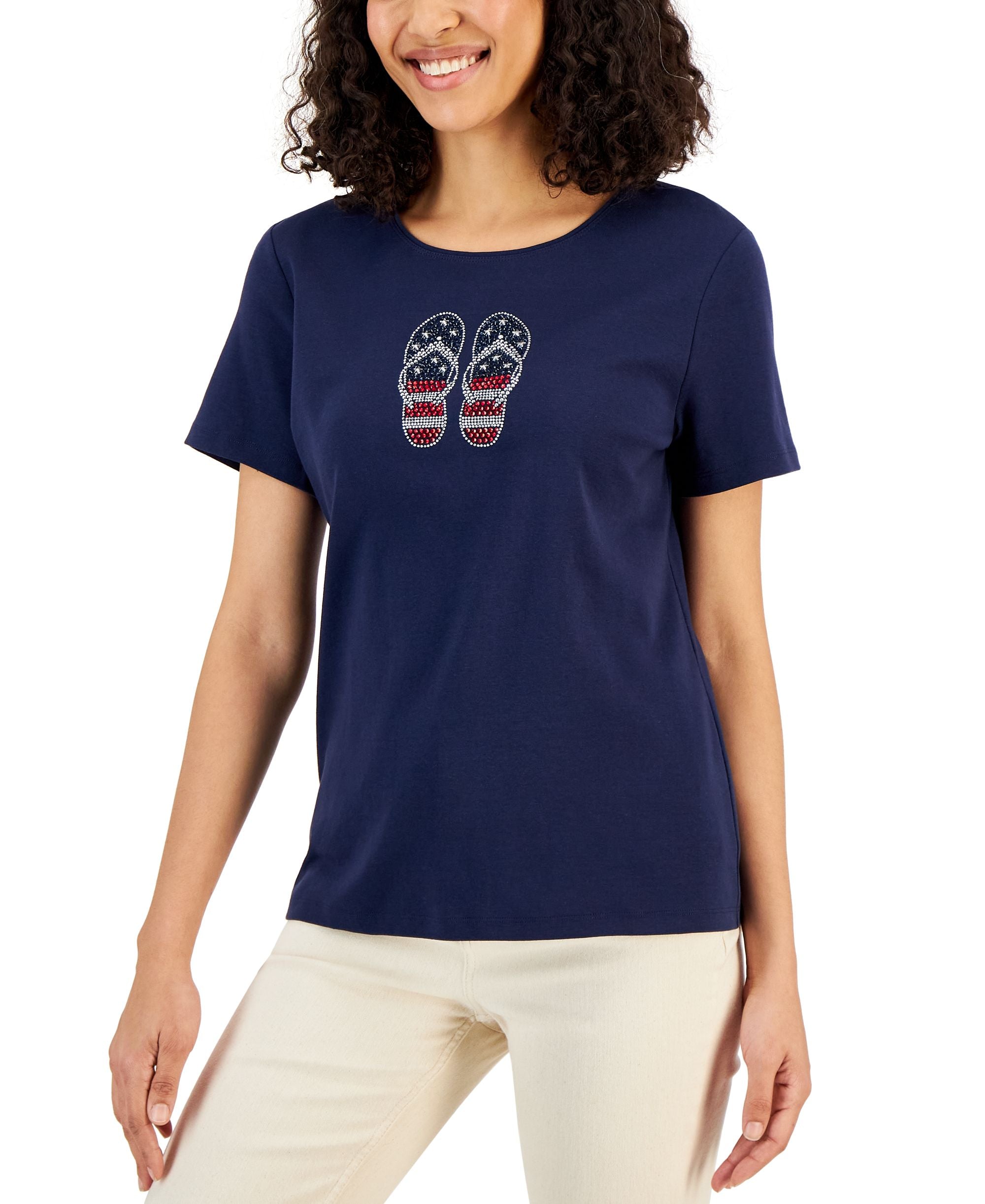 Karen Scott Petite Embellished Flip Flop T-Shirt