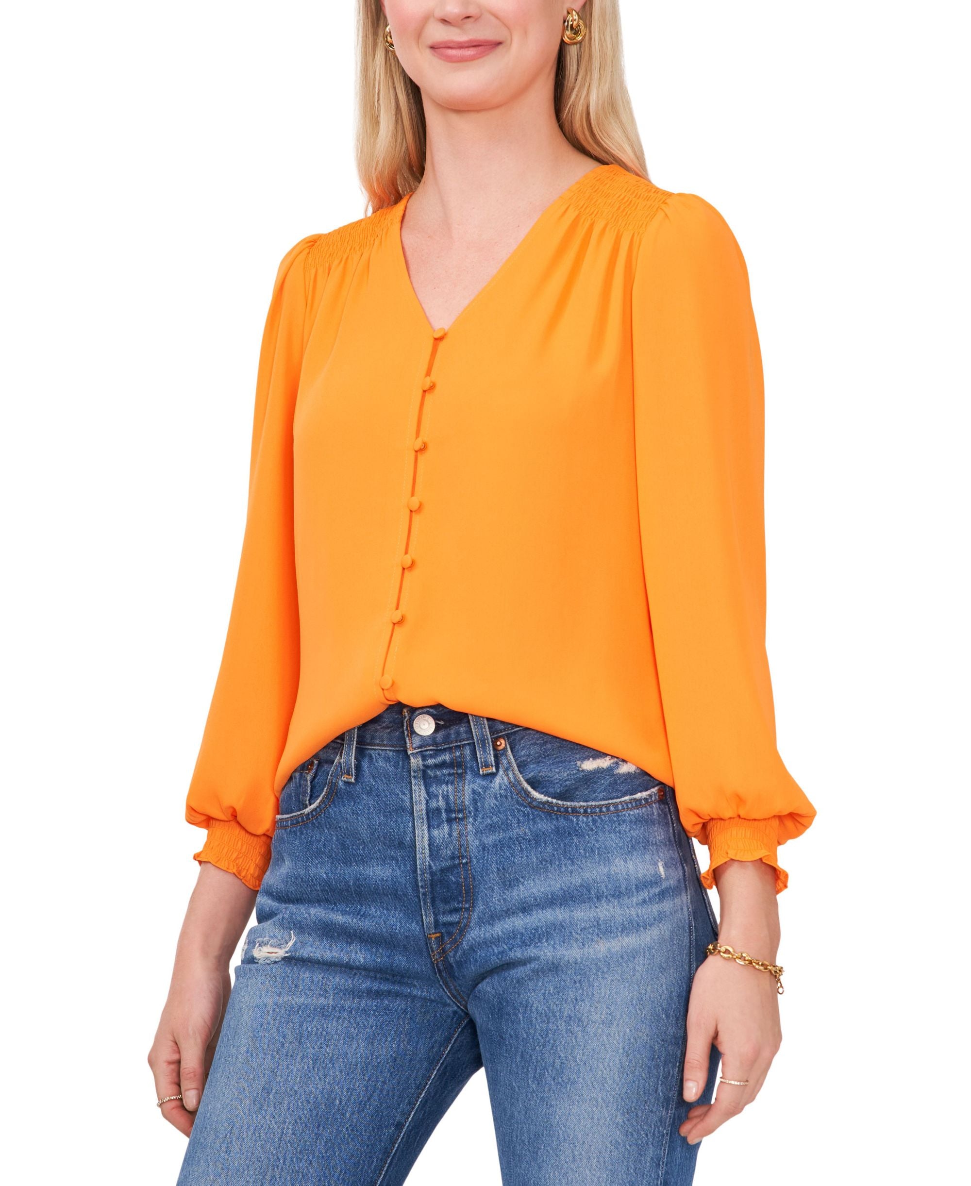 Petite Button-Front Smocked-Shoulder Blouse