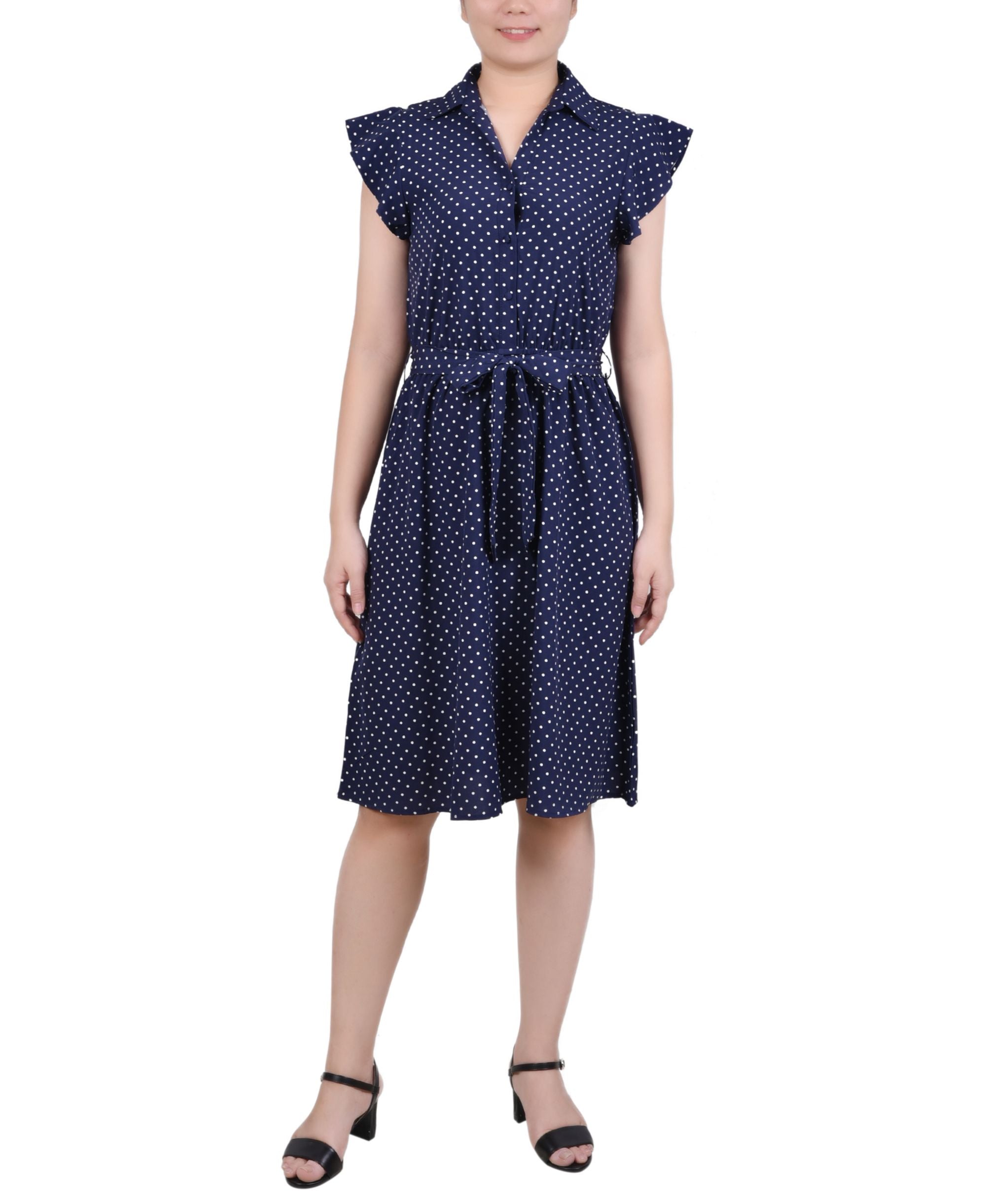 NY Collection Petite Belted Flutter Sleeve Printed Dress