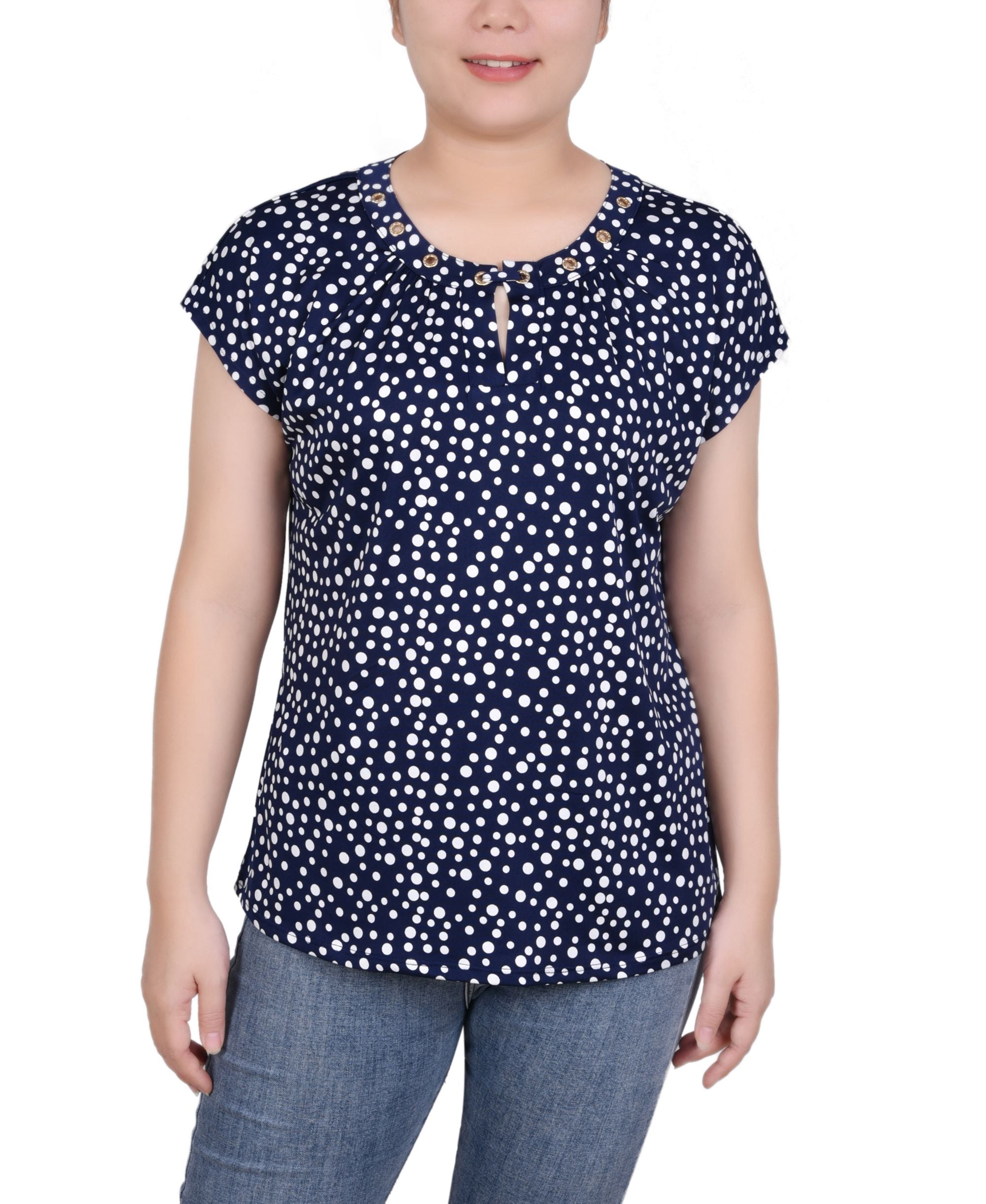 Petite Grommet Neck Knit Short Extended Sleeve Top