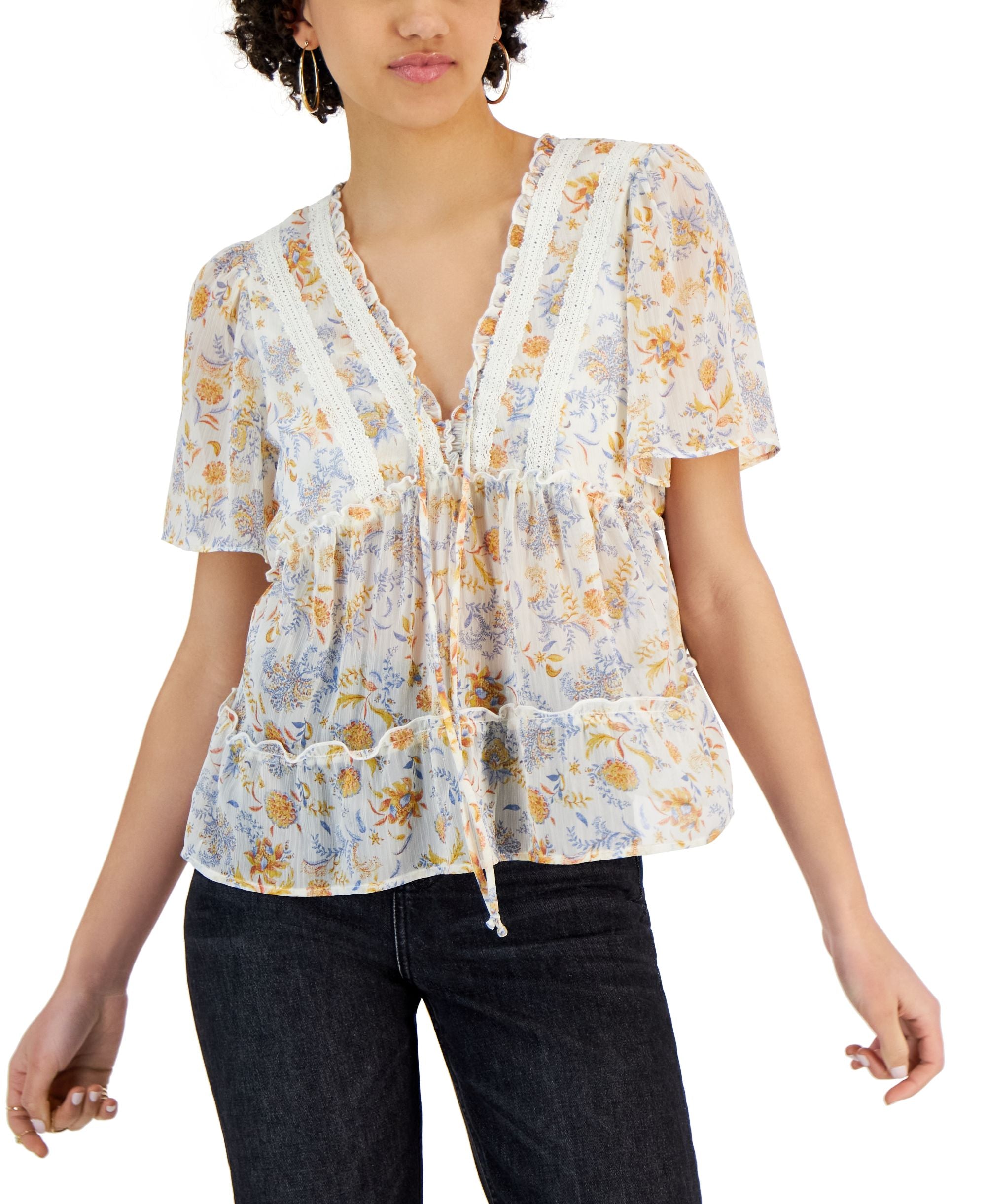 Juniors' Floral-Print Flutter-Sleeve V-Neck Top
