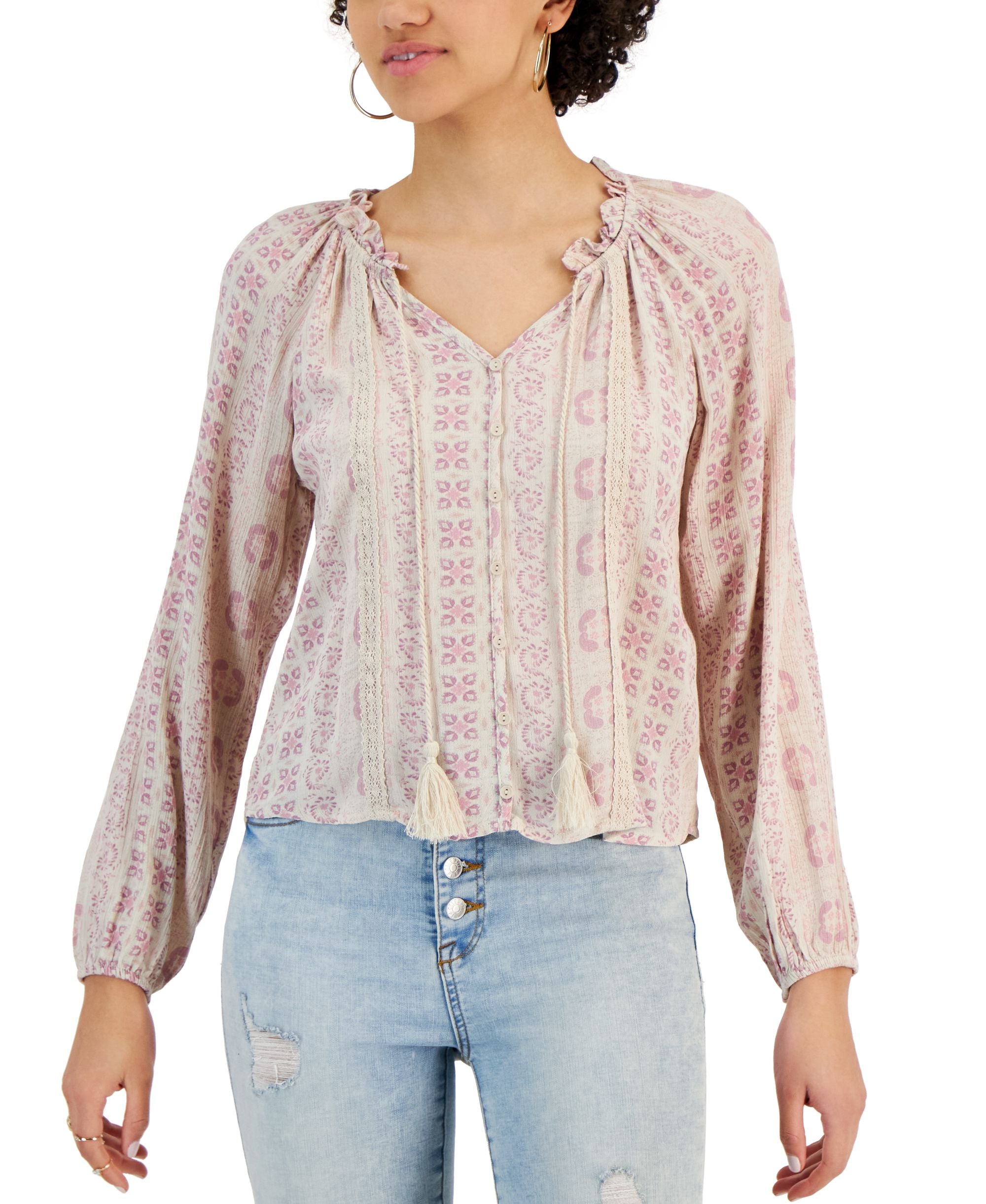 Juniors' Floral-Print Blouson-Sleeve Split Neck Top