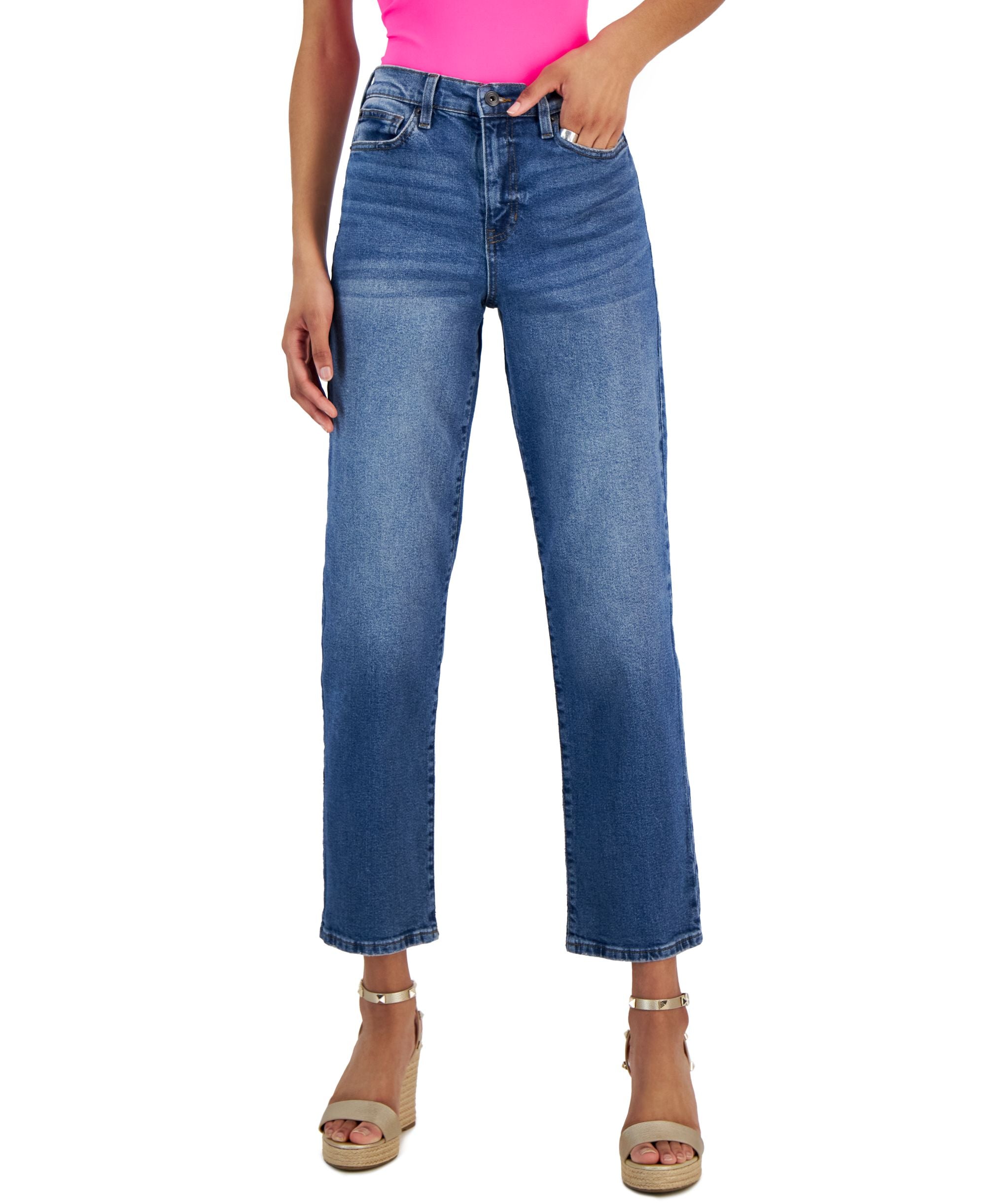 Juniors' High Rise Distressed Detailing Straight Jeans