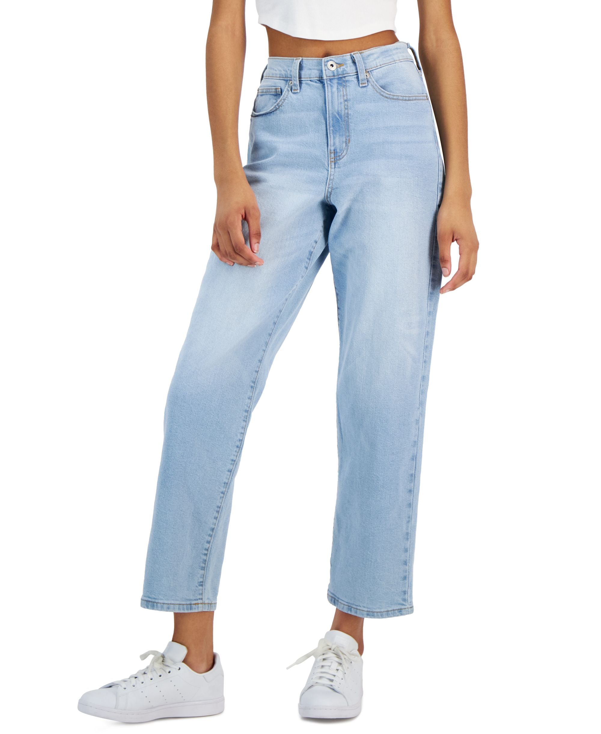 Juniors' High Rise Distressed Detailing Straight Jeans
