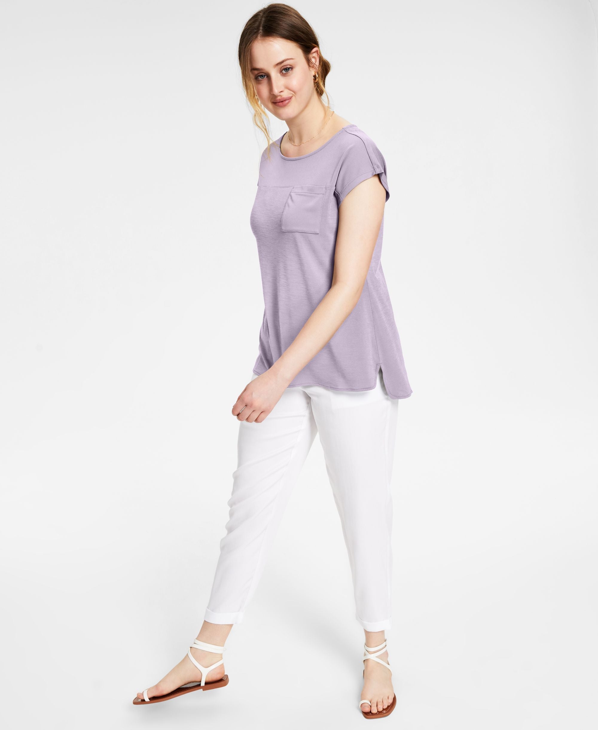 Bar III Petite Chest Pocket High Low Cap Sleeve Top