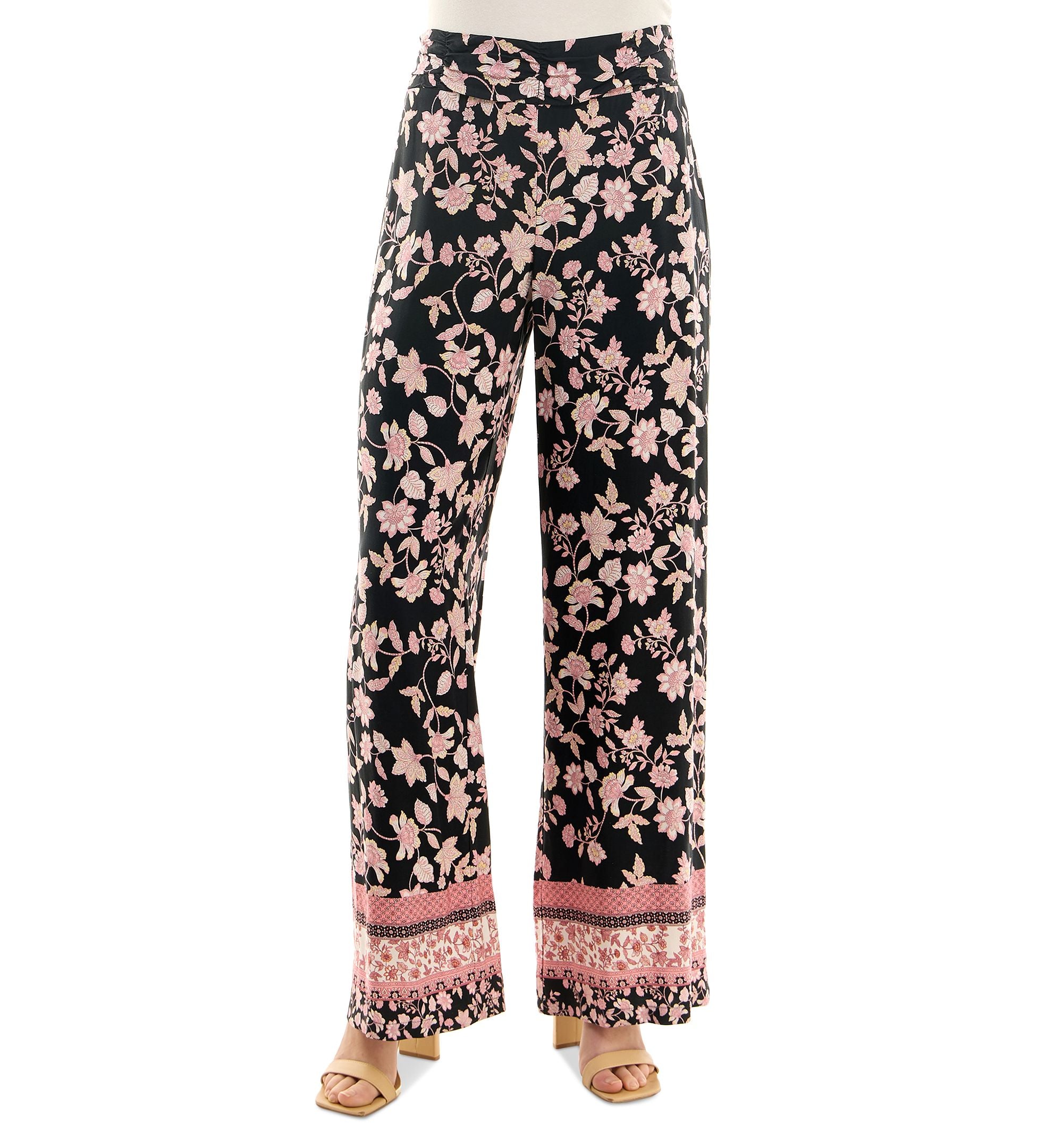 Juniors' Floral-Print Mid-Rise Pull-On Wide-Leg Pants