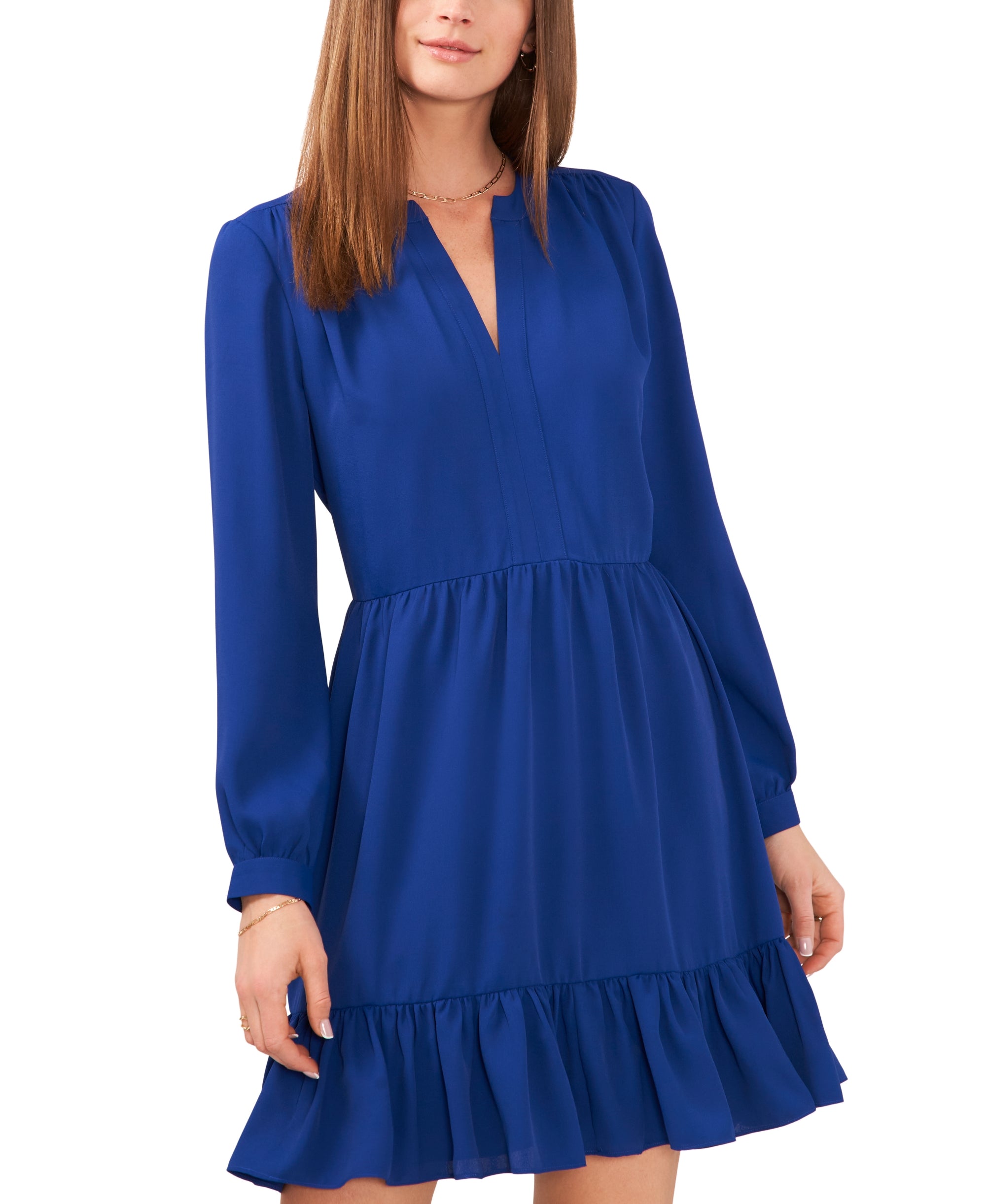 Women's Solid Long Sleeve Split Neck Tiered Baby Doll Dress