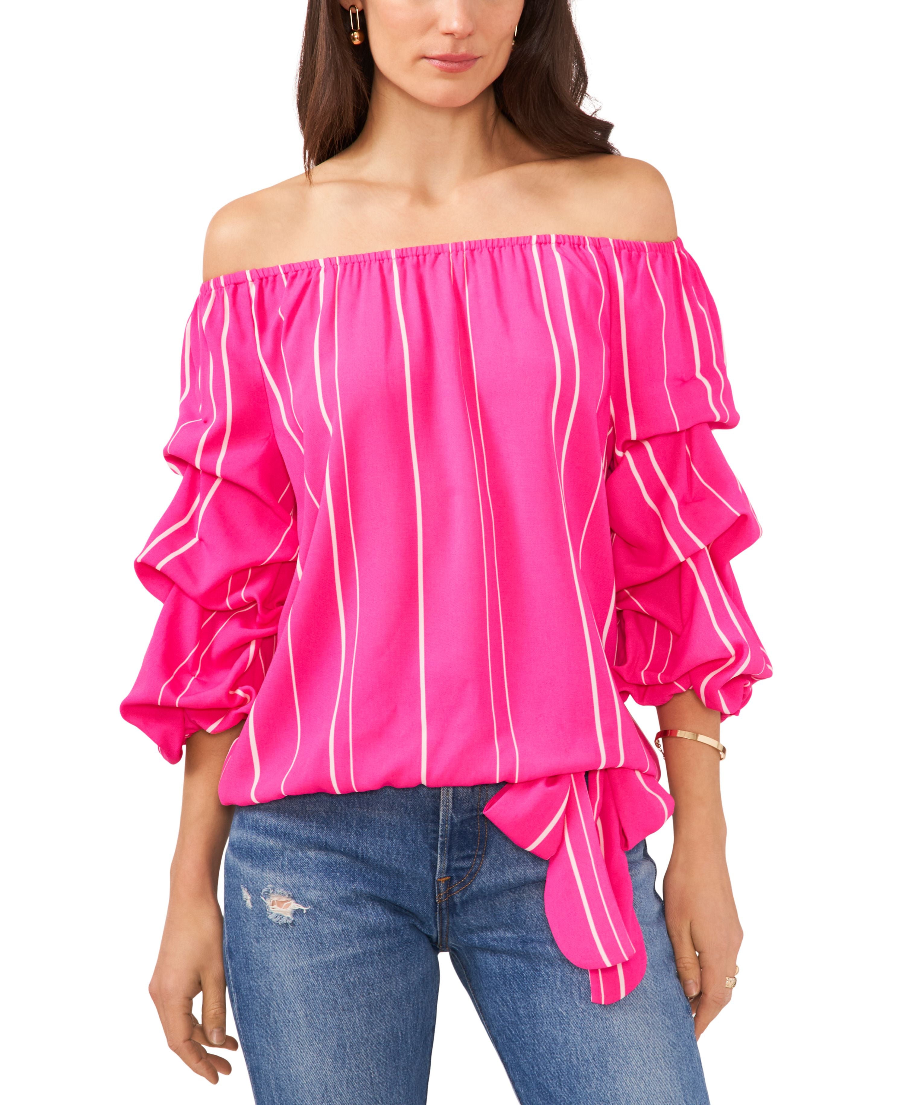 Plus Size Striped Off The Shoulder Bubble Sleeve Tie Front Blouse
