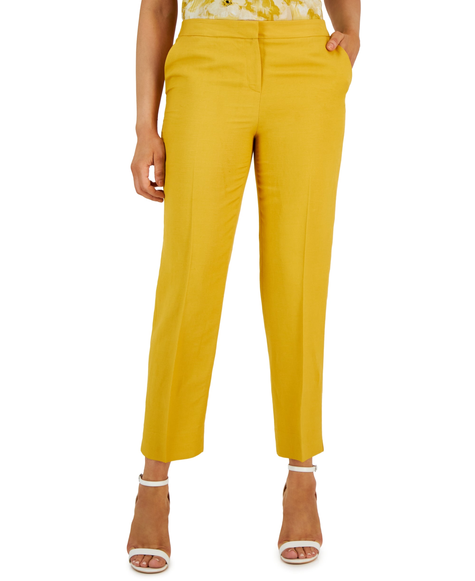 Women's Linen-Blend Elastic-Back Straight-Leg Pants