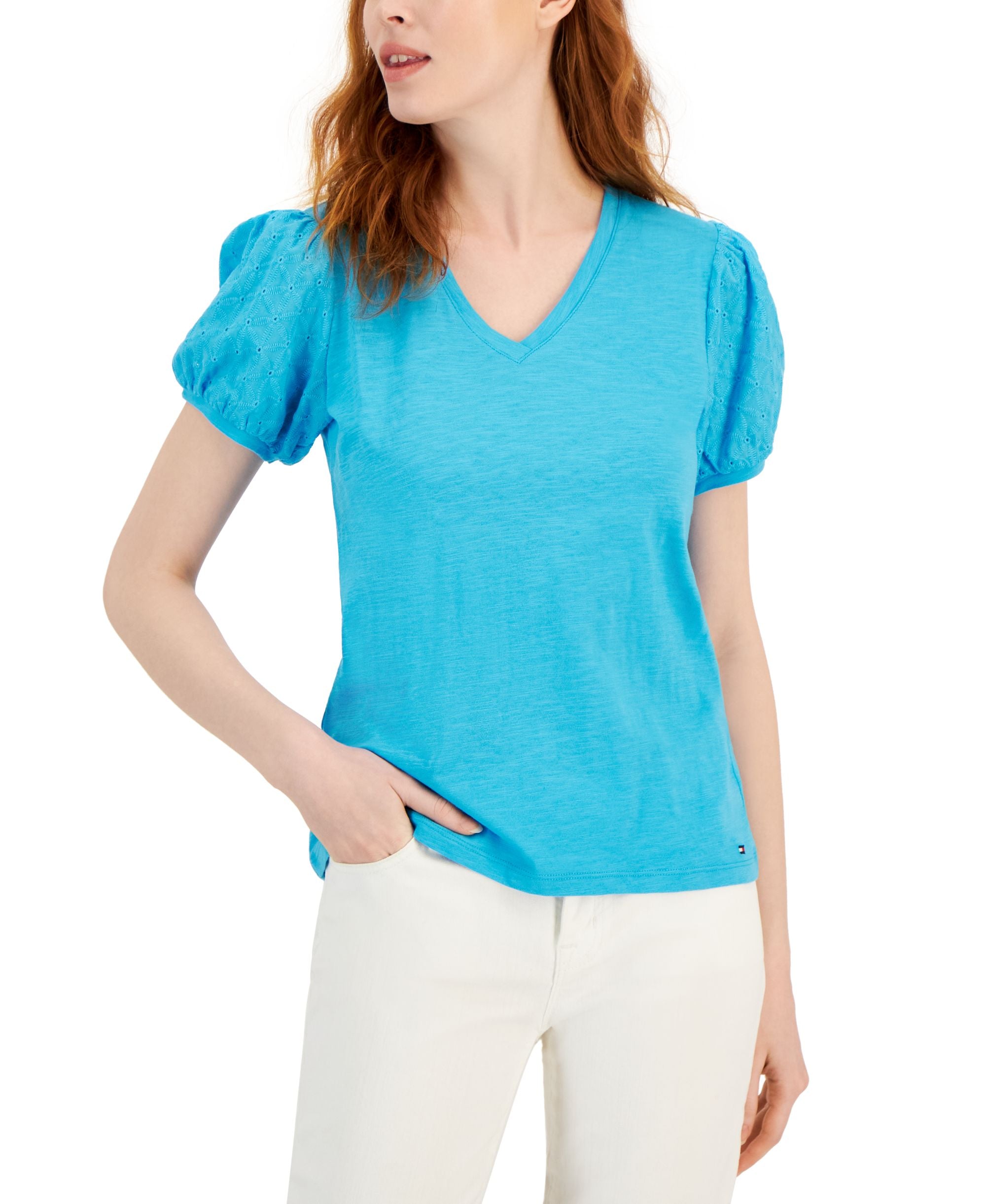 Women's Short Sleeve Eyelet V-Neck Top