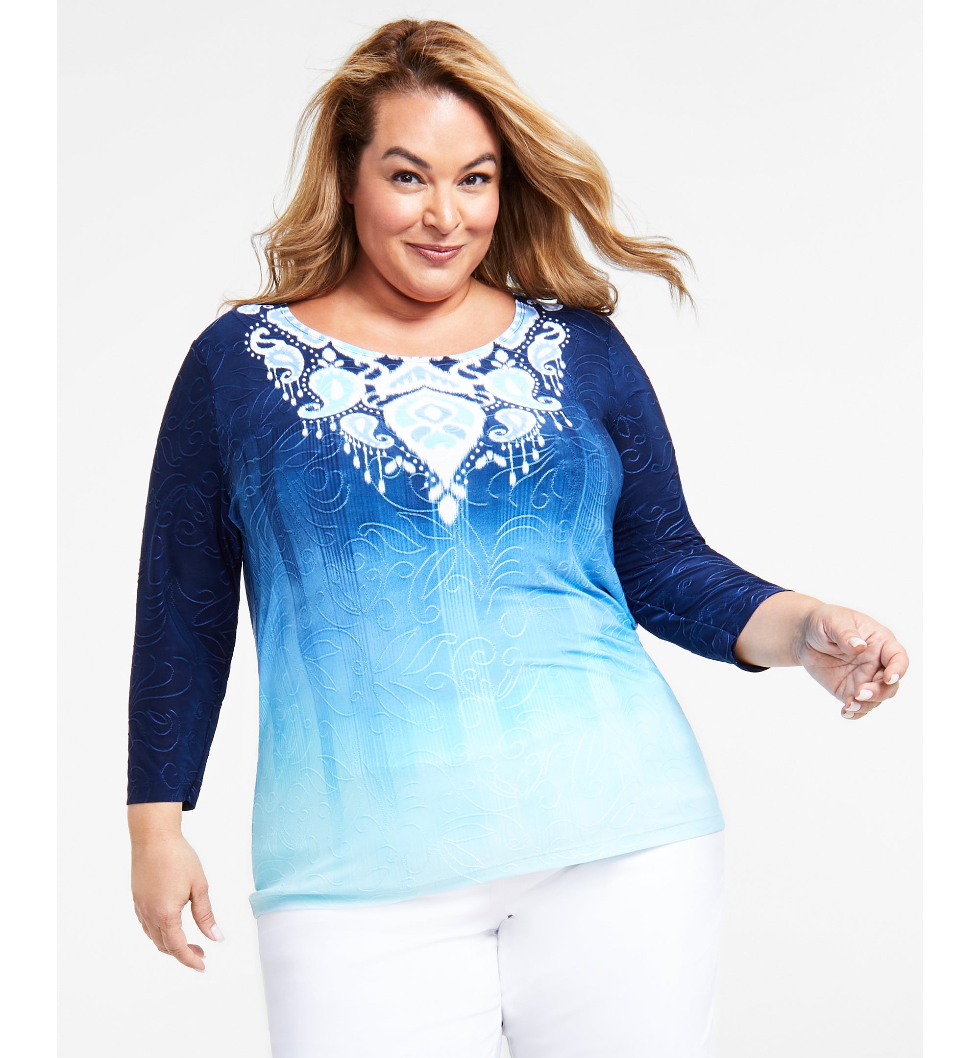 Plus Size Jacquard Printed 3/4-Sleeve Top