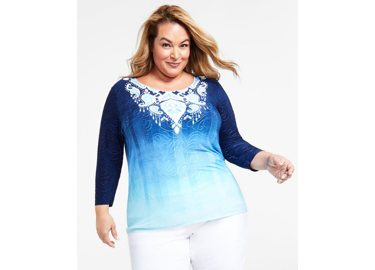 Plus Size Jacquard Printed 3/4-Sleeve Top