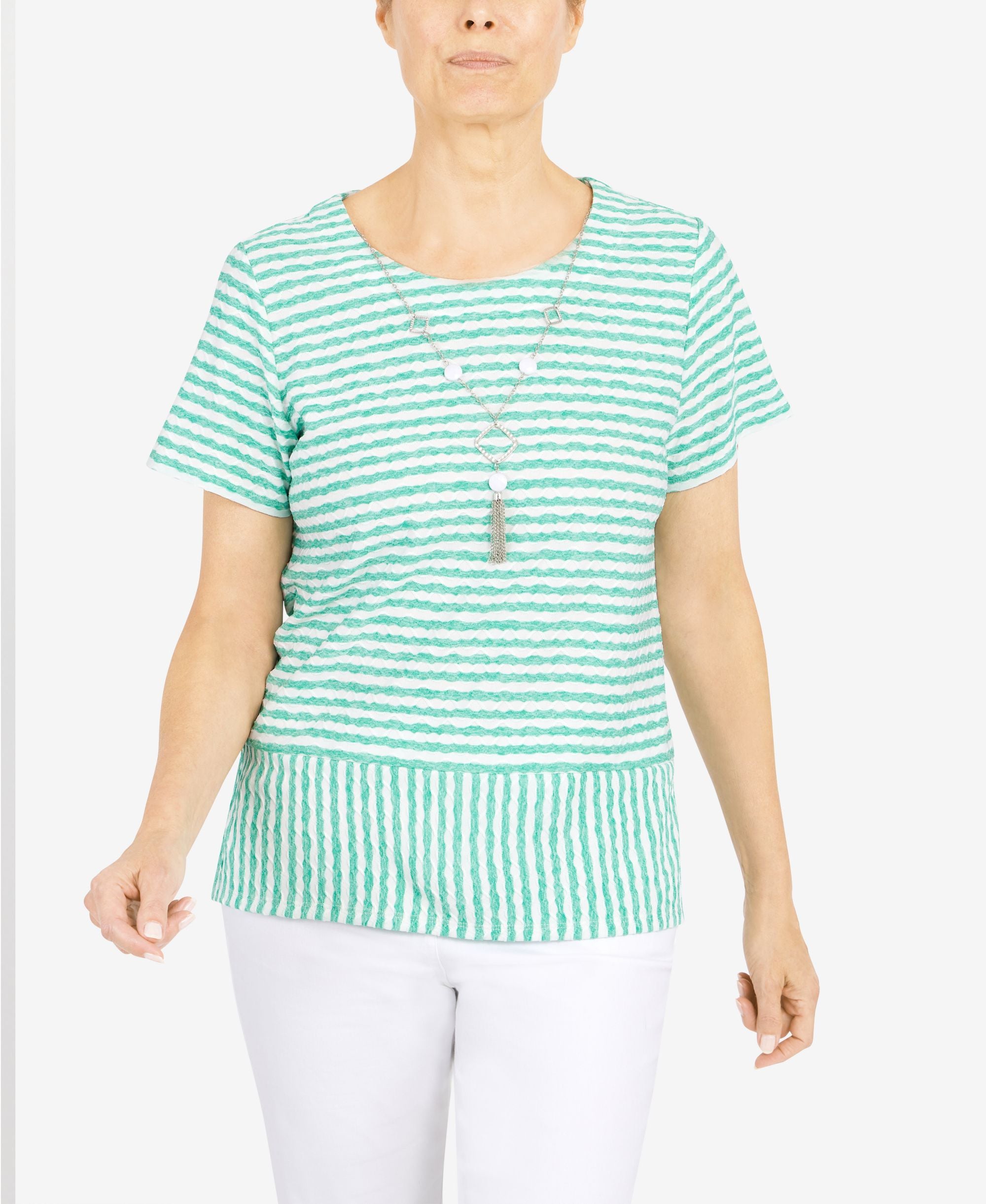 Women's Classics Stripe Texture Knit Short Sleeve Top with Necklace
