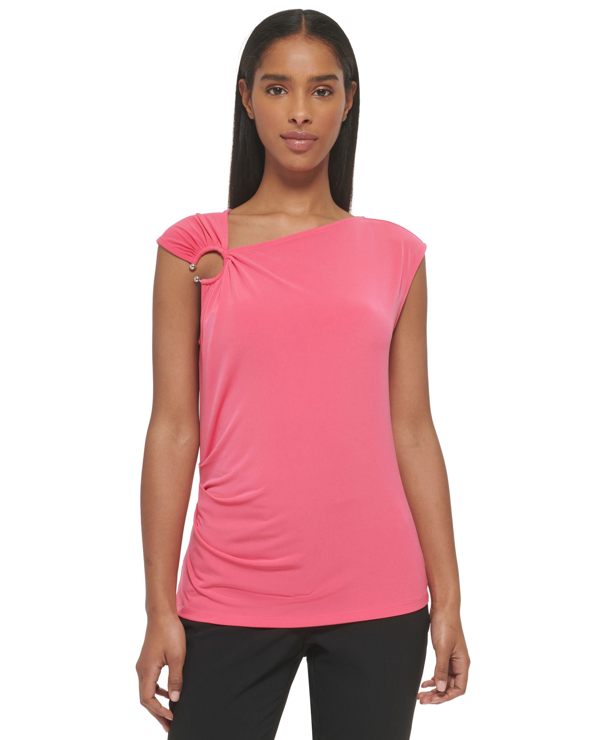 Sleeveless Asymmetrical Neck Ring Hardware Top