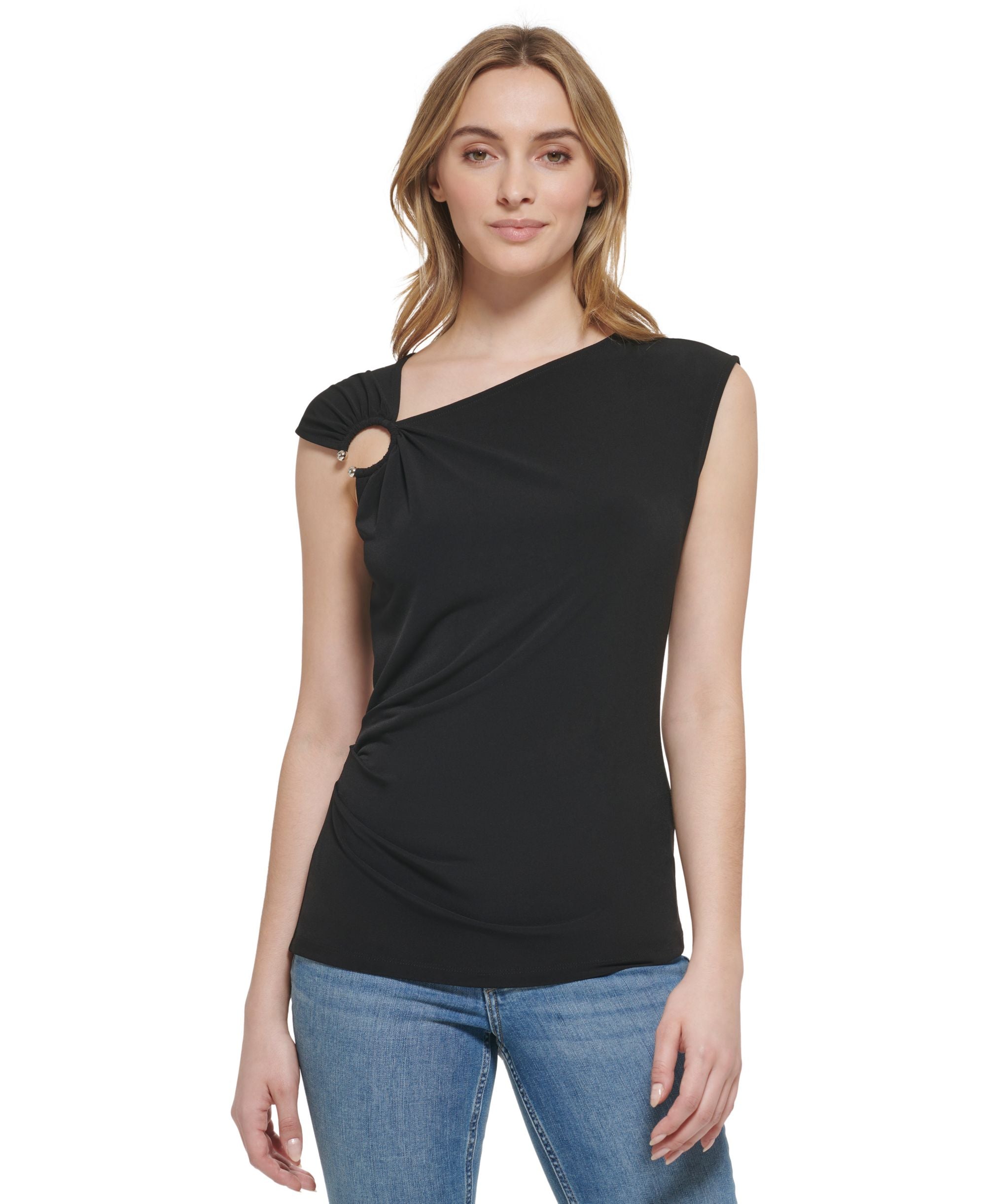 Sleeveless Asymmetrical Neck Ring Hardware Top