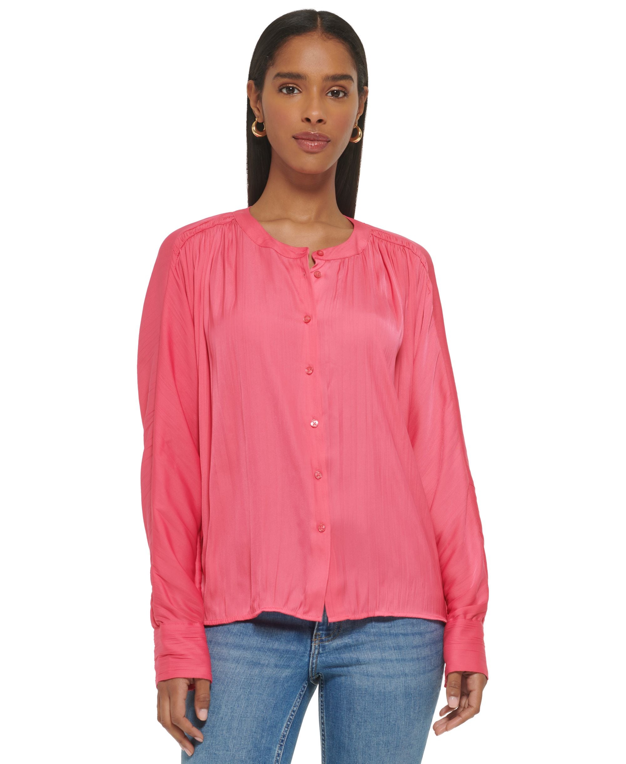 Women's Gathered Dolman-Sleeve Button-Front Blouse