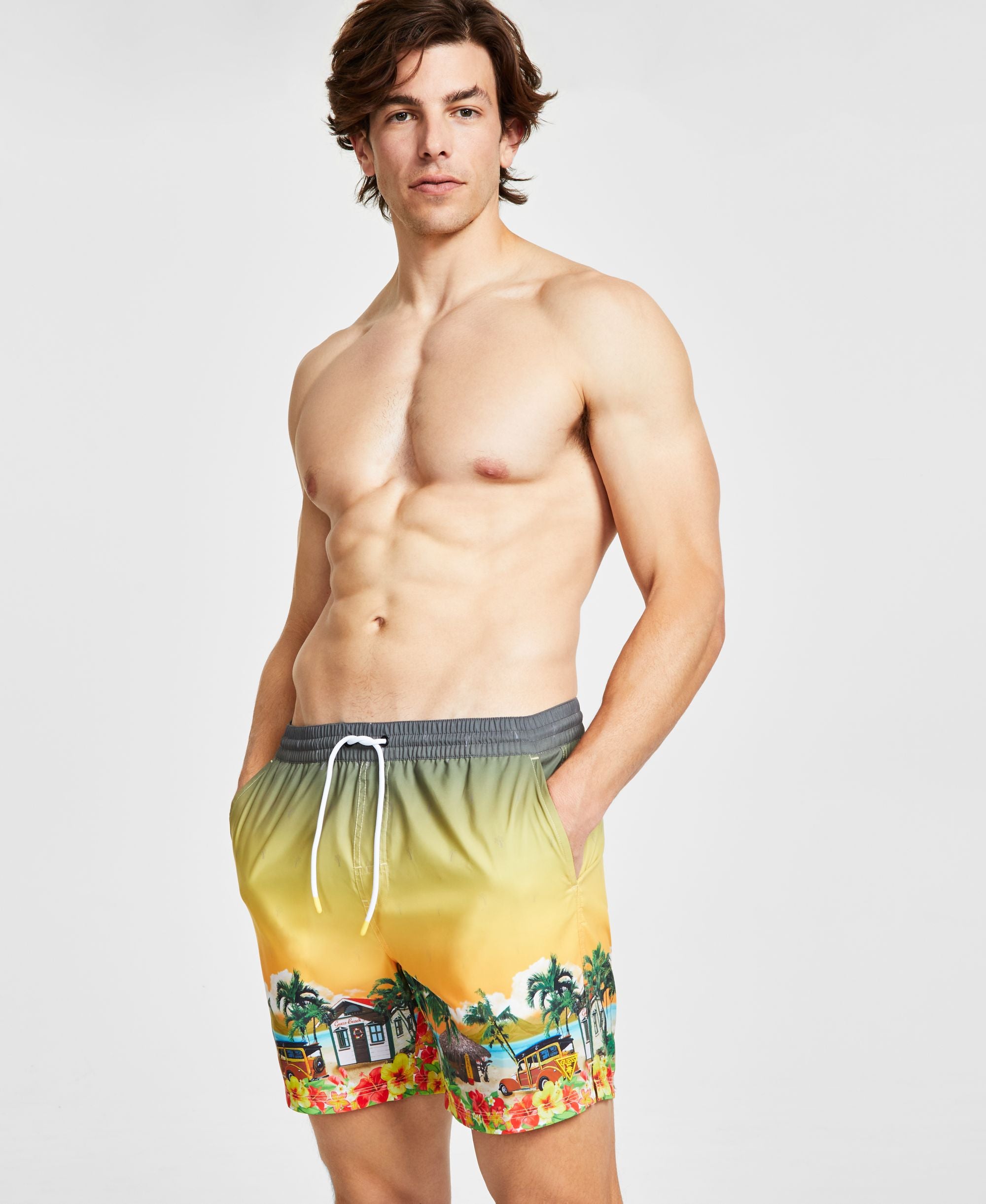 Men's Hawaii Tropical Print Drawstring Swim Trunks