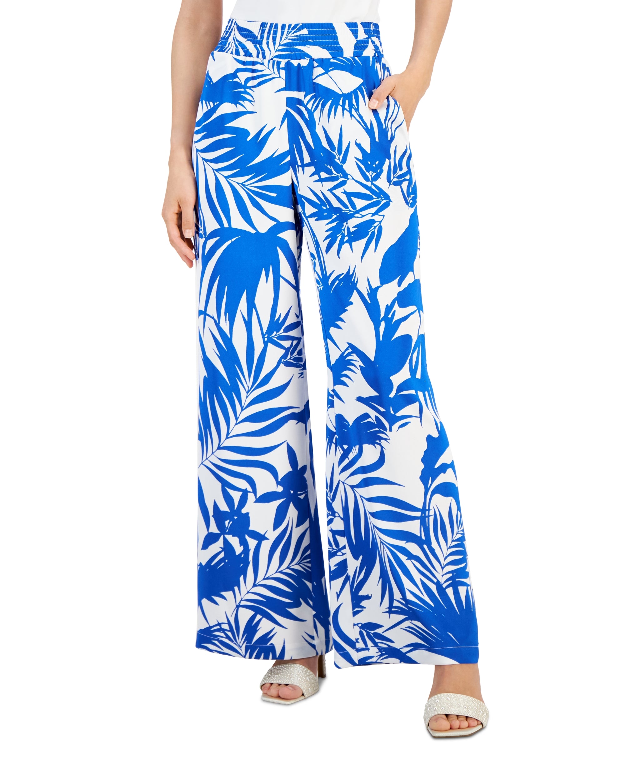 Floral-Print Satin Pull-On Wide-Leg Pants Bold Foliage M
