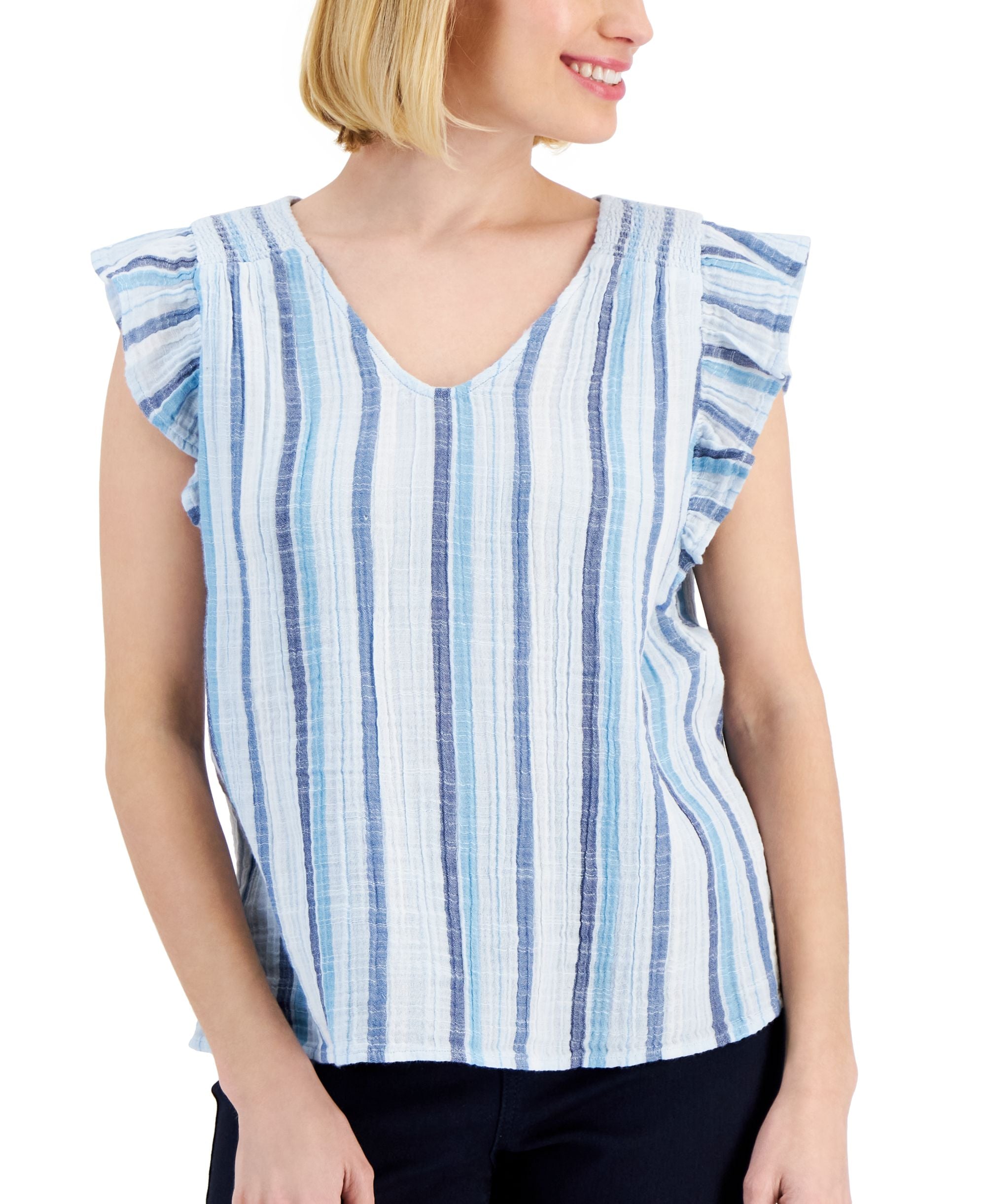 Petite Cotton Gauze Flutter-Sleeve Top