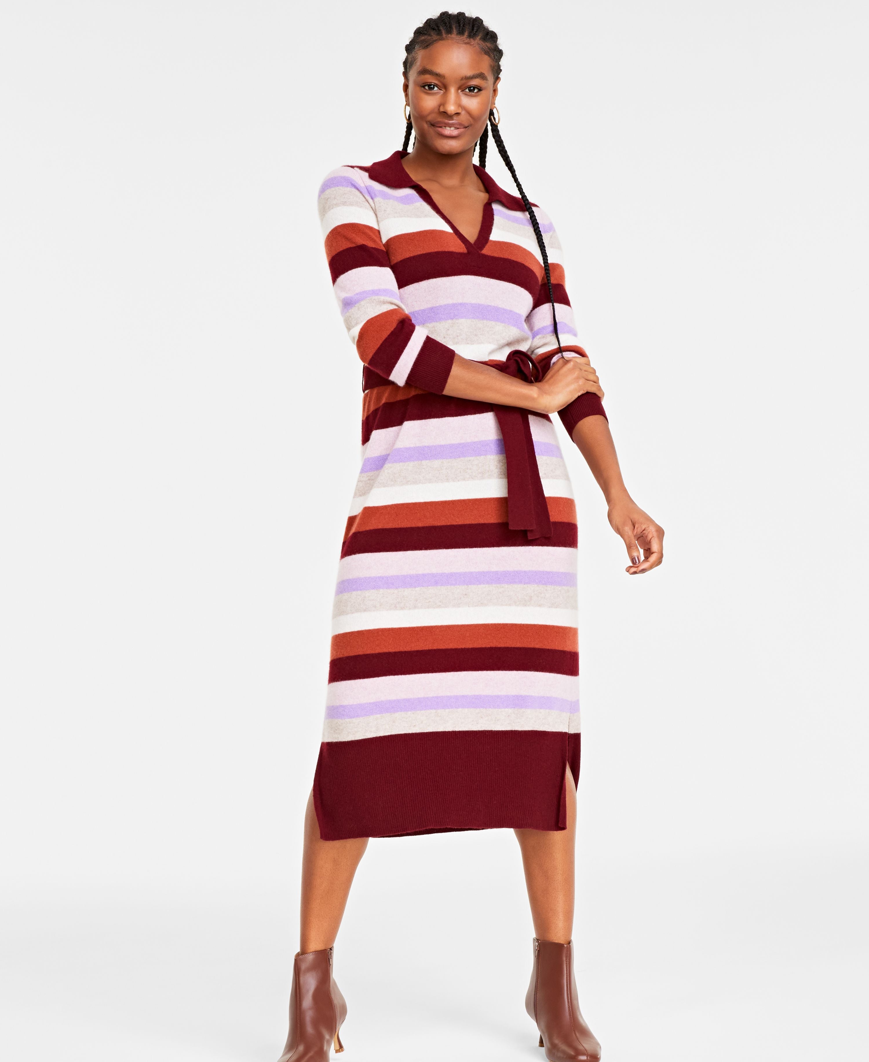 Women's 100% Cashmere Striped Midi Dress, Regular & Petite