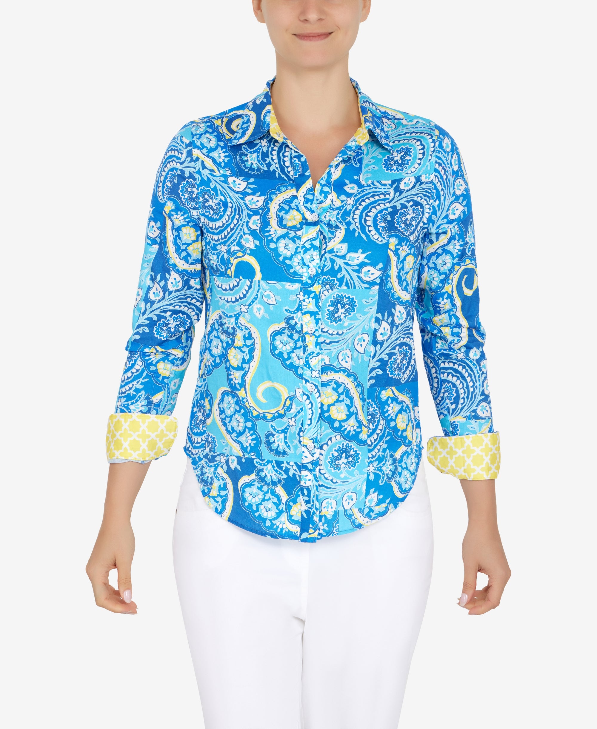 Petite Wrinkle Resistant Printed Button Down Tops