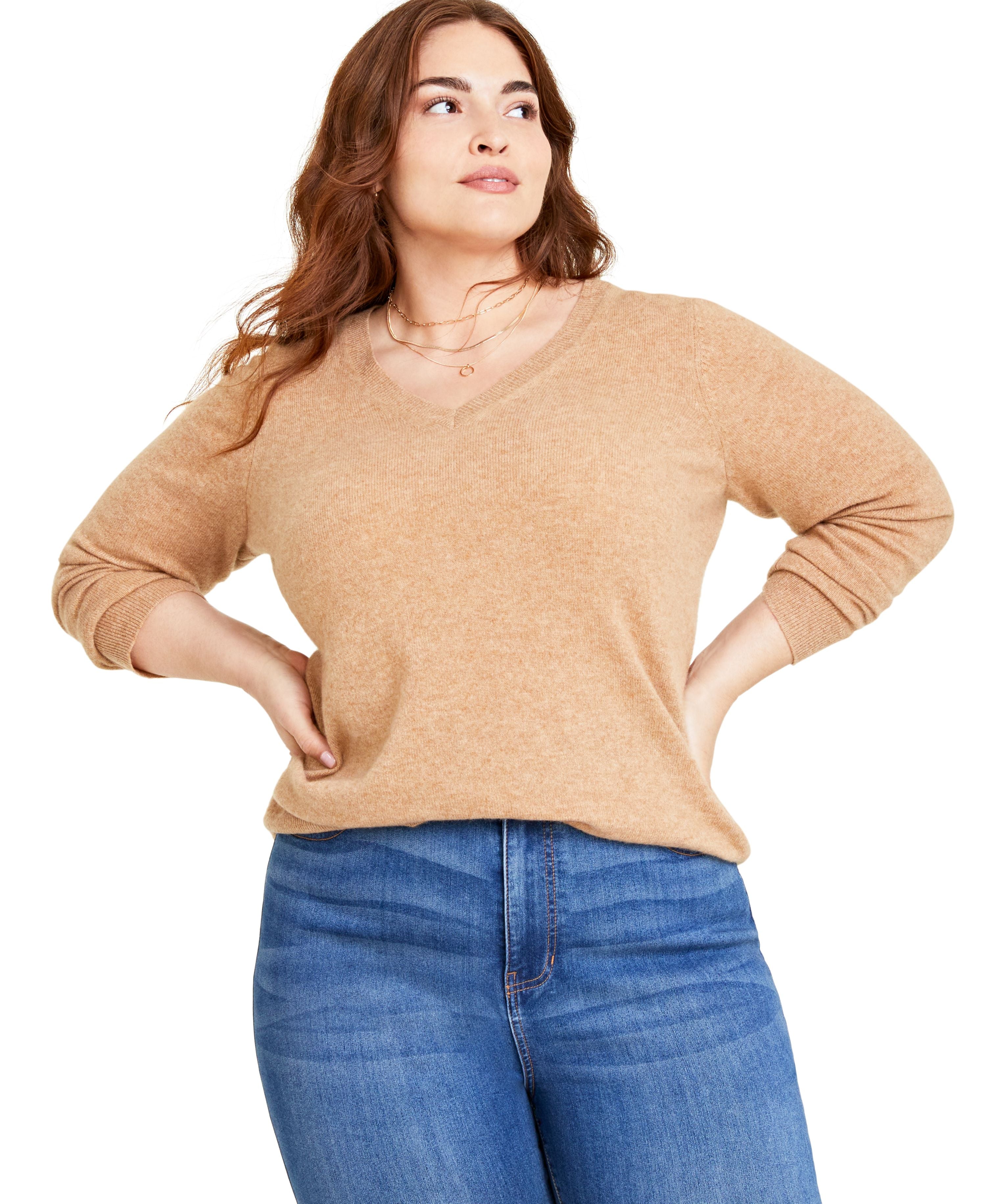 Plus Size V-Neck 100% Cashmere Sweater