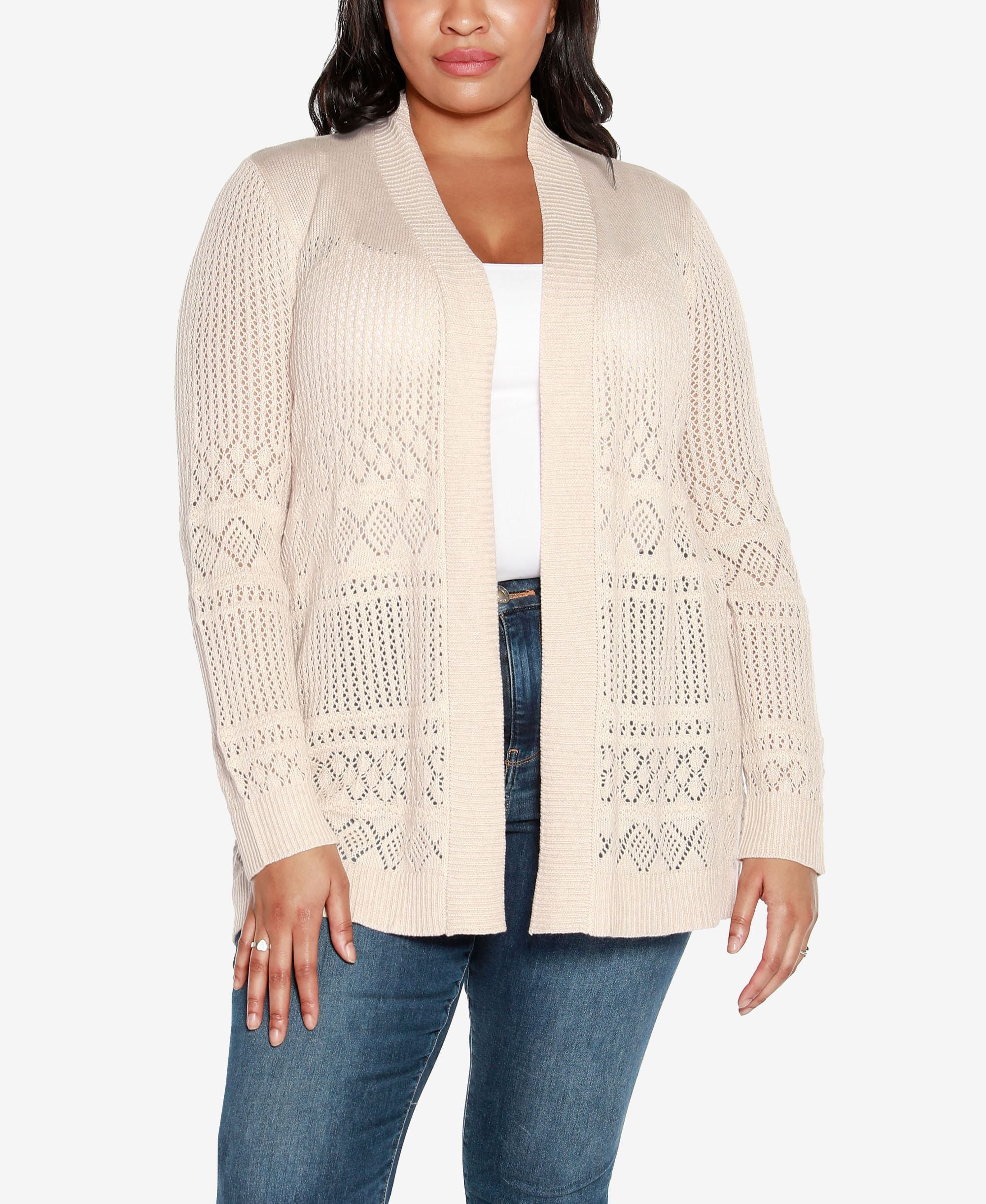Plus Size Pointelle Long Sleeves Open Cardigan Sweater