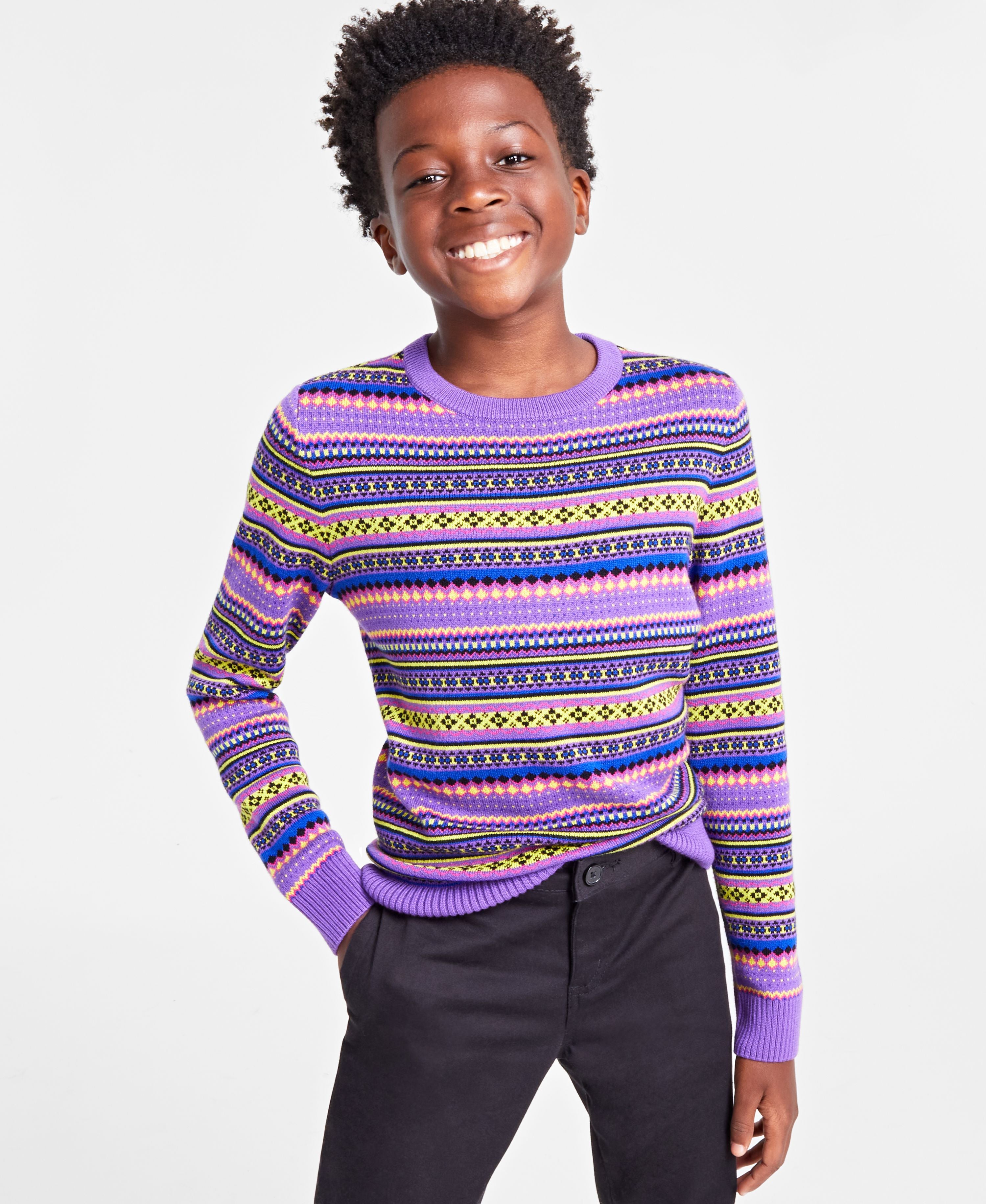 Holiday Lane Big Boys Bright Stripe Fair Isle Sweater