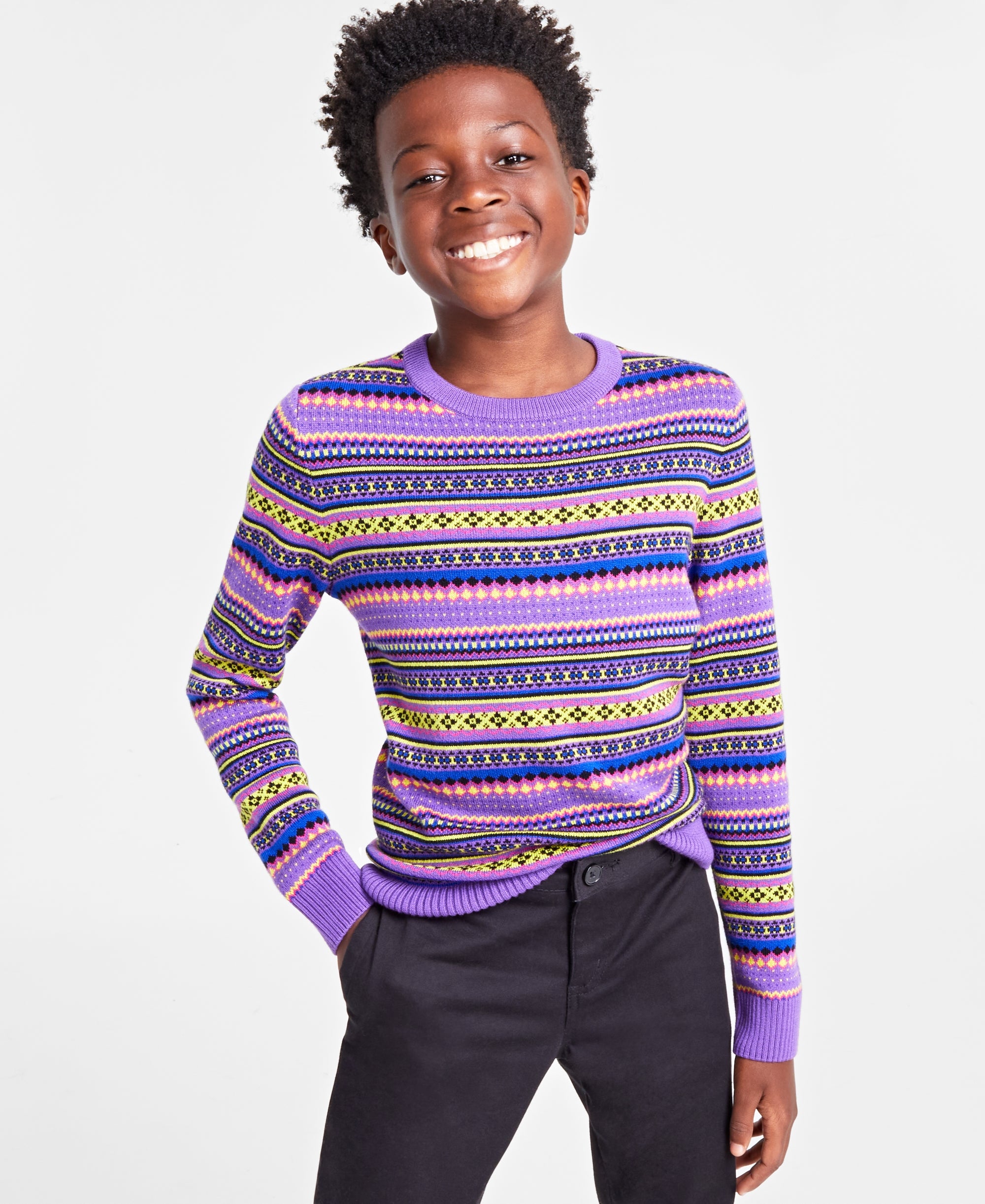 Holiday Lane Big Boys Bright Stripe Fair Isle Sweater