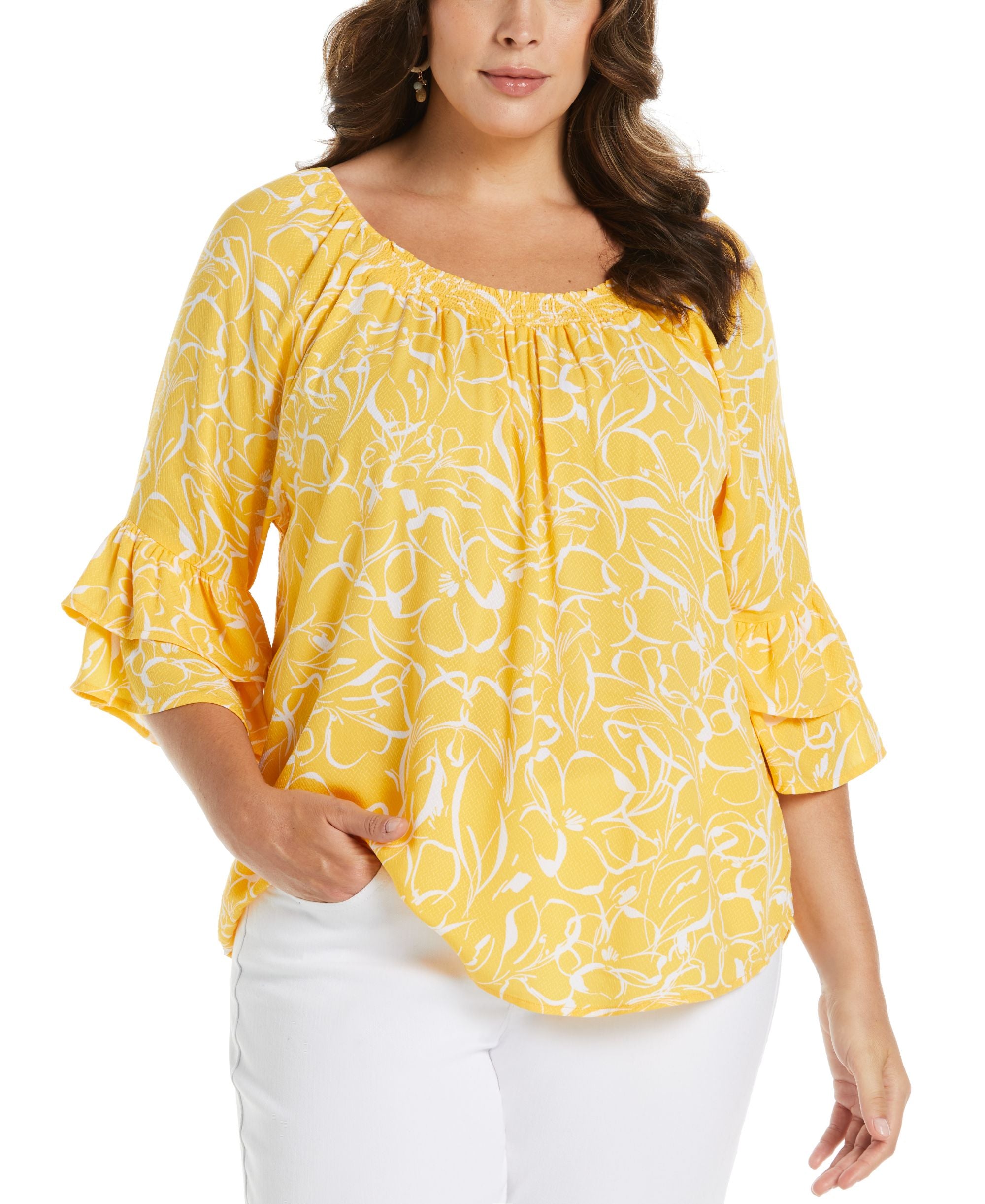 Plus Size Smocked Ruffle Elbow Sleeve Top