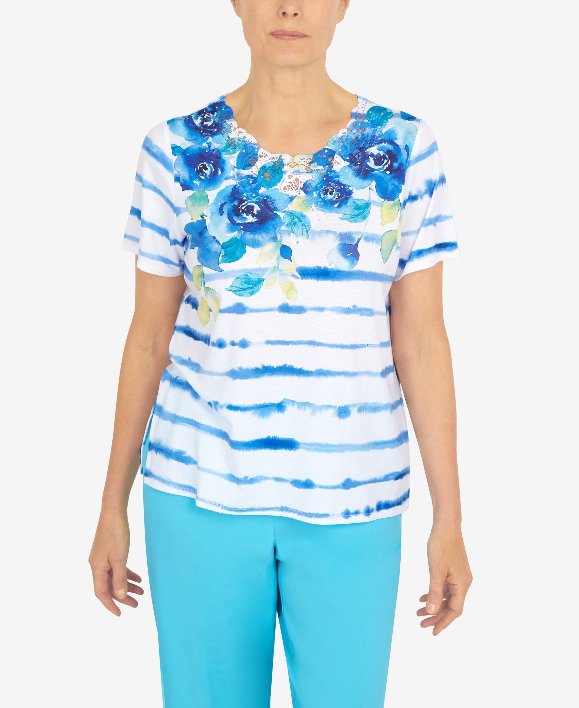 Women's Cool Vibrations Lace Neck Floral Stripe T-shirt