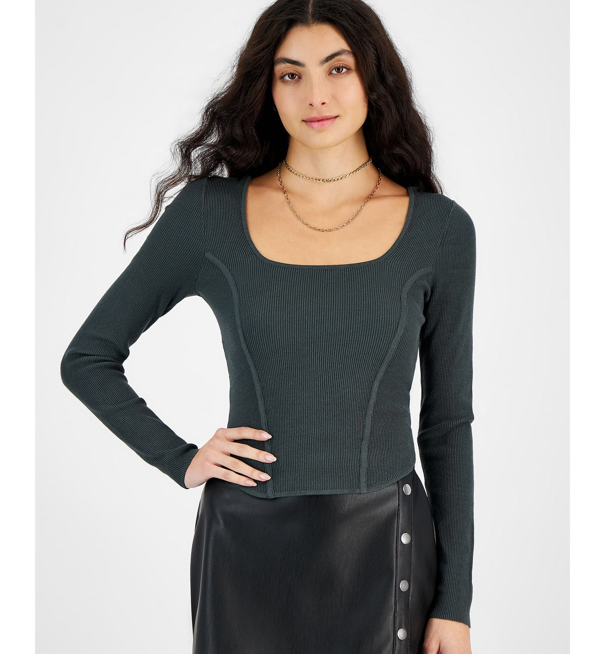 Women's Ribbed Square-Neck Long-Sleeve Sweater
